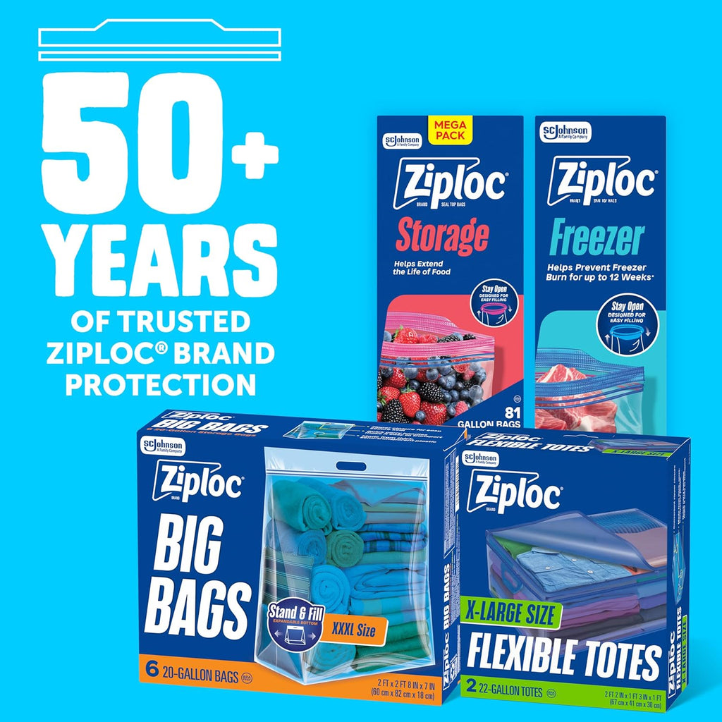 Ziploc Flexible Totes, X-Large Size, 22 Gallon, 2 Count Organizing Tote with Zipper and Built‑In Handles, Flexible & Stackable Clothing and Home Storage Bag
