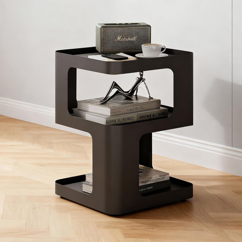 Modern Side Table, 2-Tier Small End Table for Living Room, Bedroom & Office, Matte Black Accent Table, No Assembly Needed, Durable Nightstand or Coffee Table