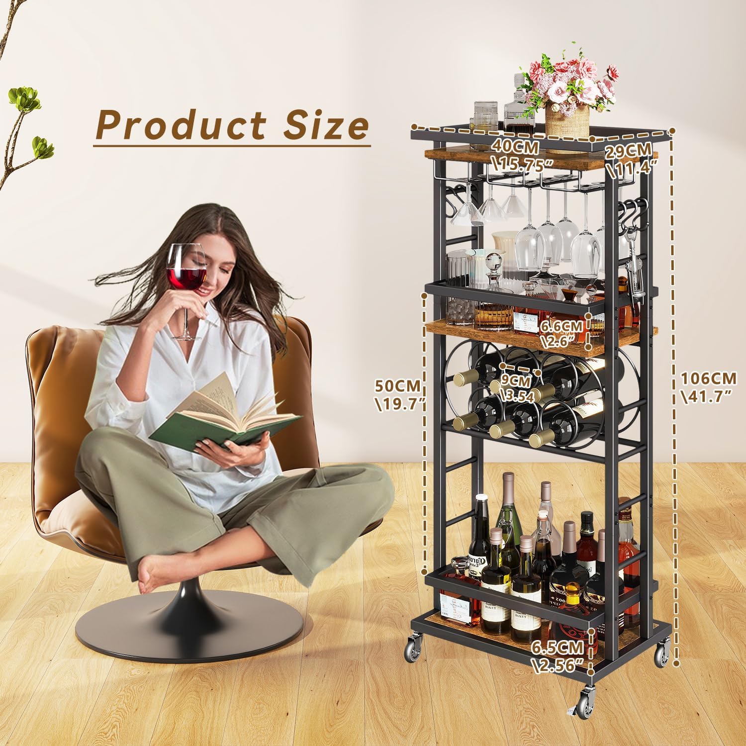 IBUYKE 4-Tier Wine Rack with Wheels,Bar Cart,Brown TMJ912H | Wine Car Cabinet Wine Rack Freestanding Floor Versatile Wine Bottle Display Shelf,Mini Bar for Home Living Room