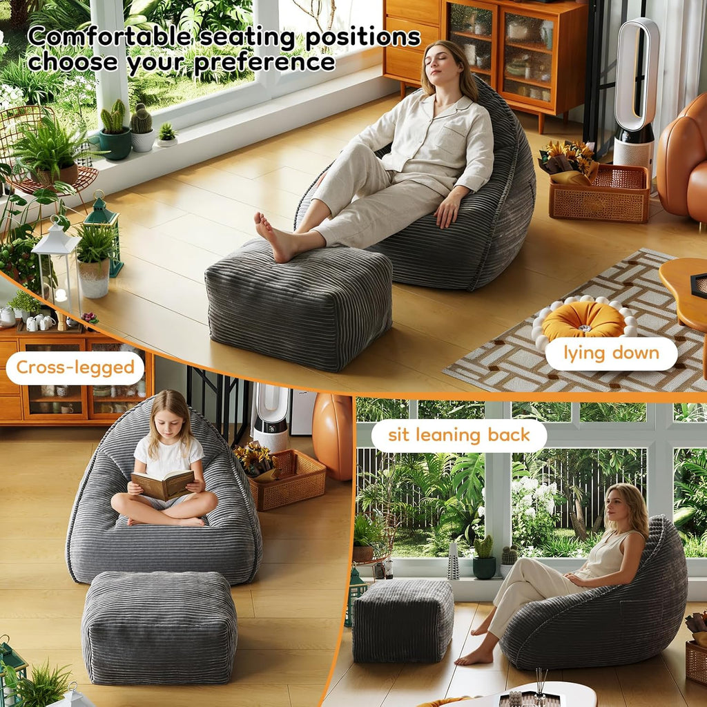 Cloud Large Bean Bag Chair with Ottoman, Corduroy Fabric+35D Memory Foam Big Beanbag Chair for Adults,Lounger Chairs Sofa Boneless Puff Chair for Living Room (Gray)