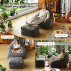 Cloud Large Bean Bag Chair with Ottoman, Corduroy Fabric+35D Memory Foam Big Beanbag Chair for Adults,Lounger Chairs Sofa Boneless Puff Chair for Living Room (Gray)