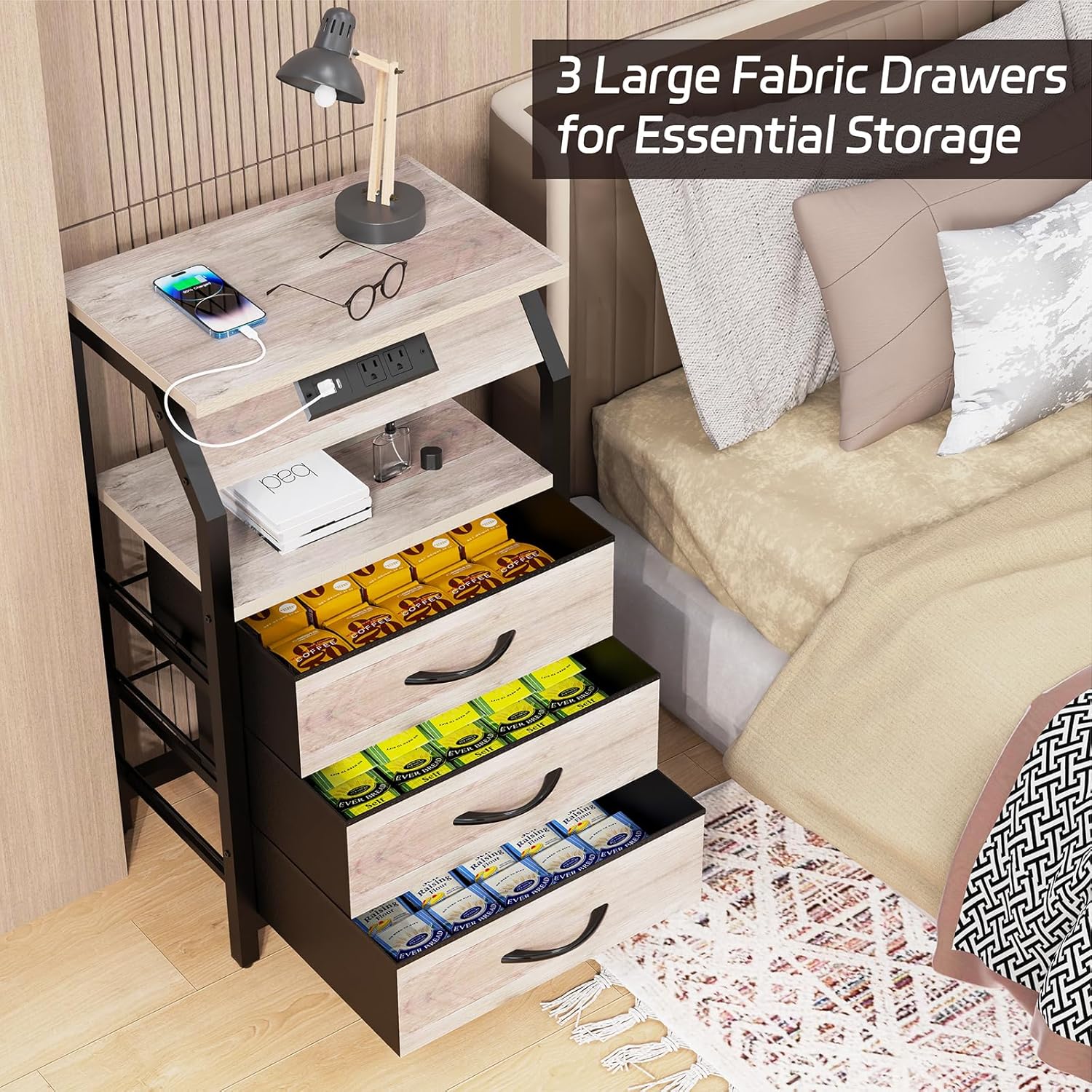SZLHANJZ End Table with 3 Drawers, Night Stand with Charger Station and LED Lights, Small Nightstand with Fabric Storage, Farmhouse Side Table for Bedside, Living Room, Dorm, Greige