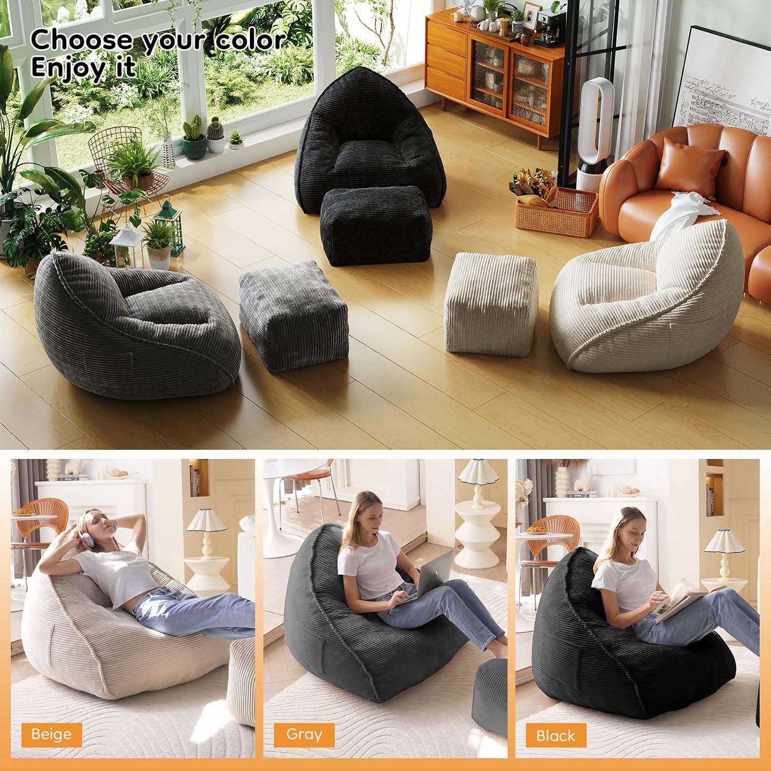 Cloud Large Bean Bag Chair with Ottoman, Corduroy Fabric+35D Memory Foam Big Beanbag Chair for Adults,Lounger Chairs Sofa Boneless Puff Chair for Living Room (Gray)