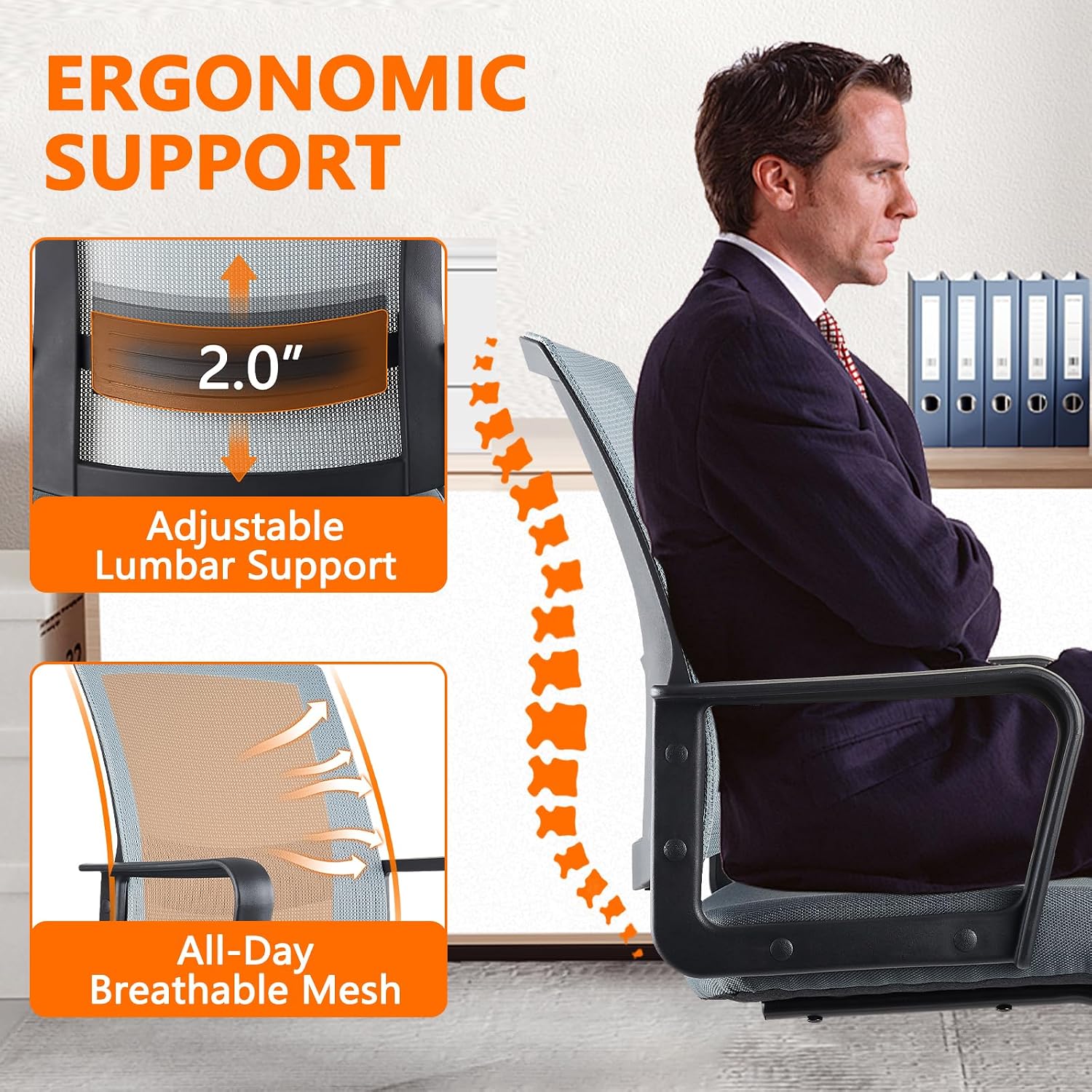 CLATINA Office Guest Chair with Adjustable Lumbar Support and Mesh Back Computer Chairs with Sled Base Desk Chair no Wheels for Reception Conference Room Waiting Guest Study Room Gray 1PK