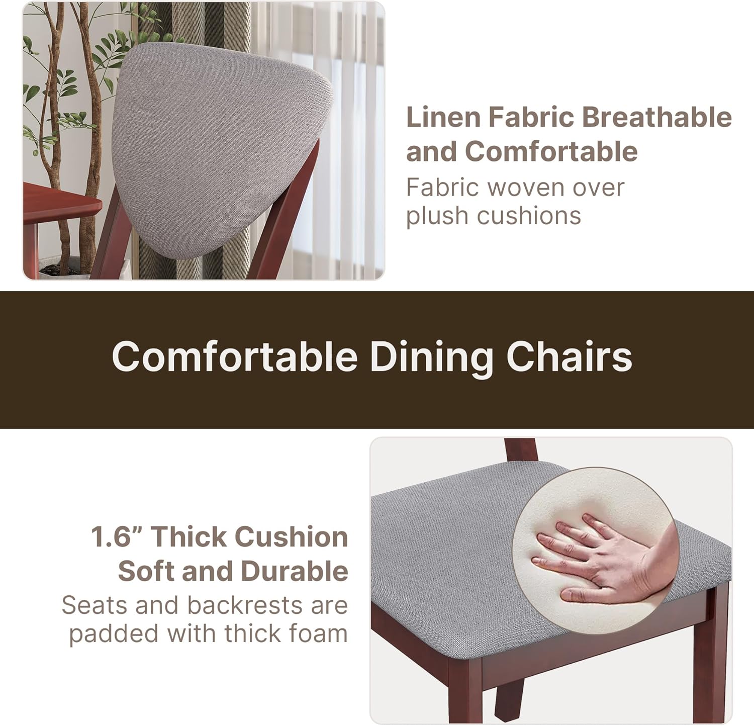 Ahomly 5-Piece Dining Table Set for 4,Solid Wood Kitchen Table Set with 4 Upholstered Linen Chairs, Space-Saving Dining Room Furniture for Apartment, Home, Dark Cherry/Grey