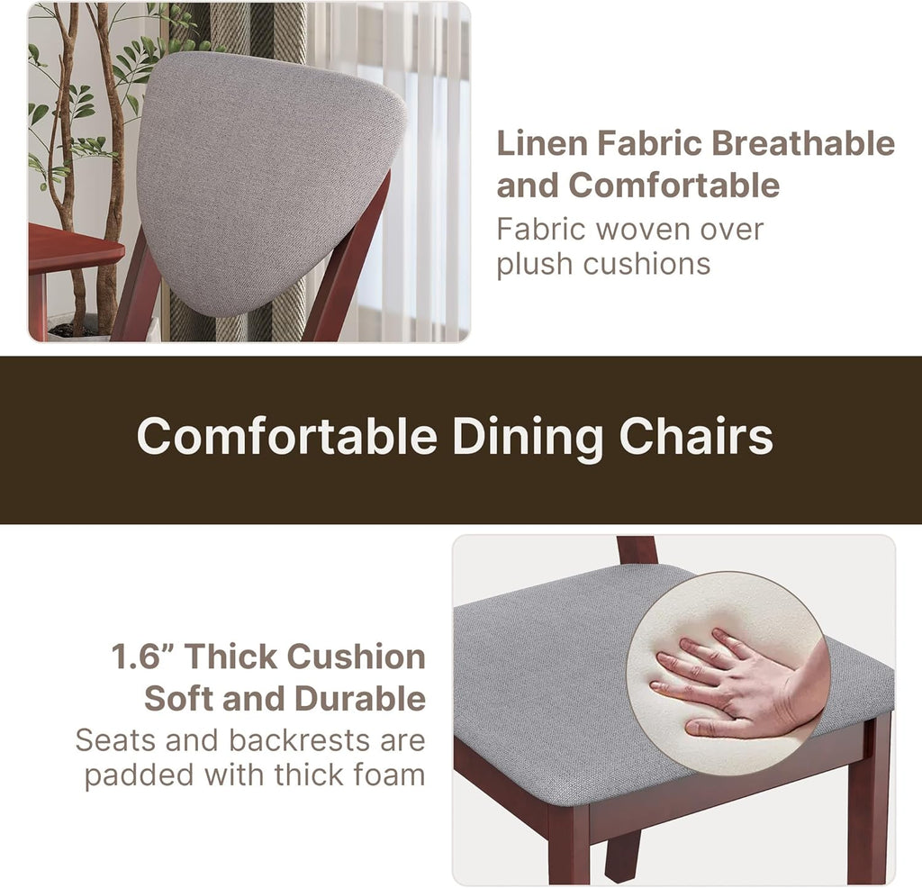 Ahomly 5-Piece Dining Table Set for 4,Solid Wood Kitchen Table Set with 4 Upholstered Linen Chairs, Space-Saving Dining Room Furniture for Apartment, Home, Dark Cherry/Grey