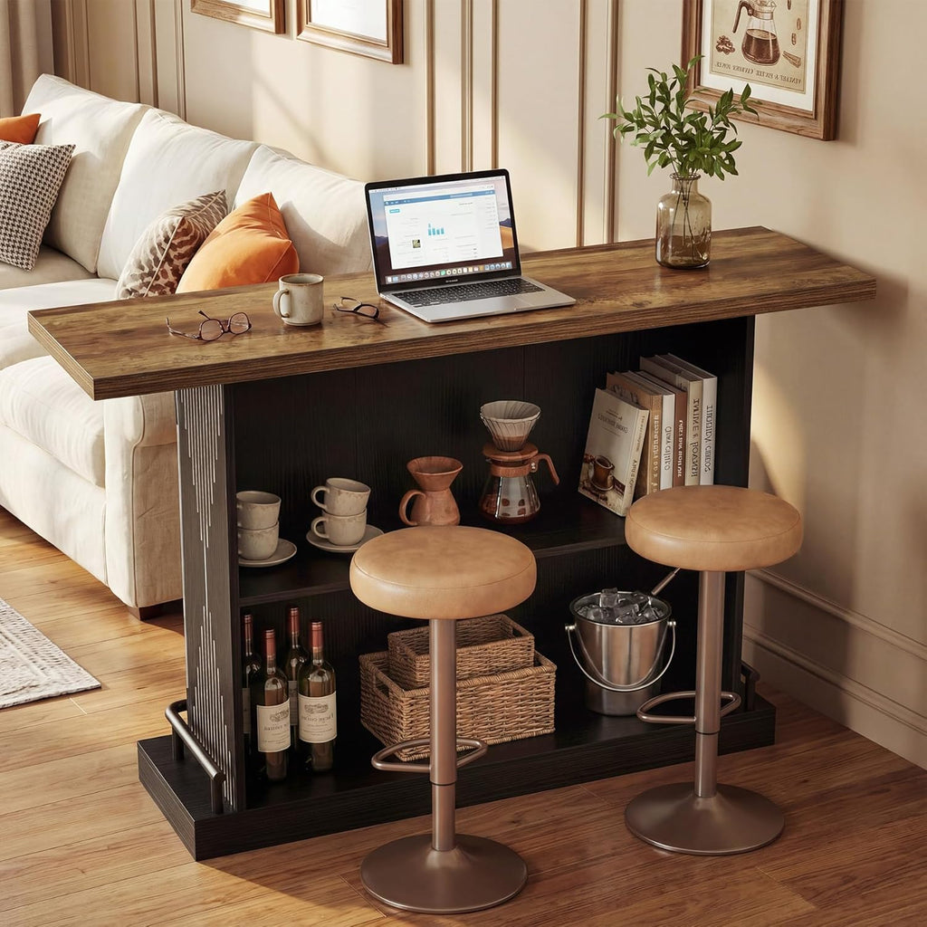 Tribesigns 63" Bar Table, Sturdy Modern Counter Height Pub Table with 2-Tier Storage Shelf and Metal Footrest, Rectangular Wood Home Bar Unit for Kitchen, Living Room, Black
