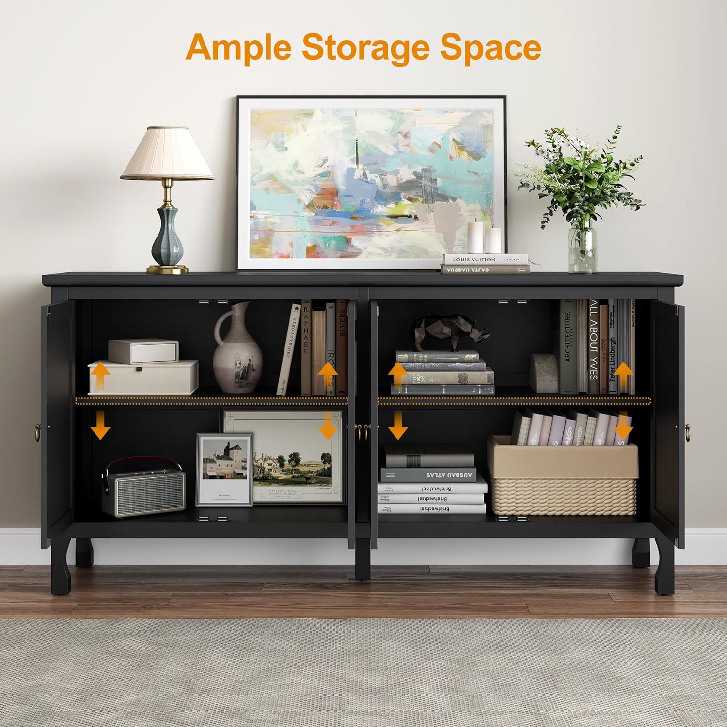 RoyalCraft 63'' Sideboard Buffet Cabinet with Storage, Accent Cabinet Credenza with 4 Doors and Adjustable Shelves, Vintage Media Console for Entryway, Living Room, Kitchen, Satin Black