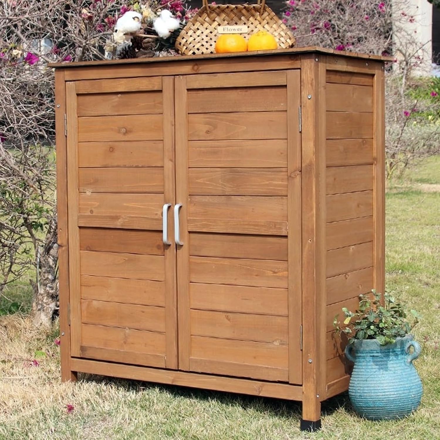 Wooden Potting Bench with Storage Cabinet and Waterproof Box Outdoor Garden Table with 2 Shelves and Tool Organizer for Backyard Or Patio,One Color-Blue