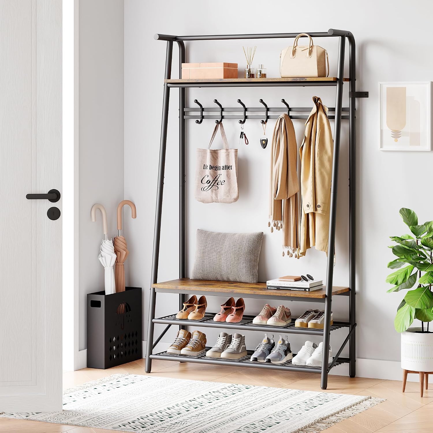 Amyove Coat Rack Shoe Bench with 10 Hooks, Hall Trees Entryway Bench with Storage, Multifunctional Hallway Organizer, Wood Look Accent Furniture with Metal Frame