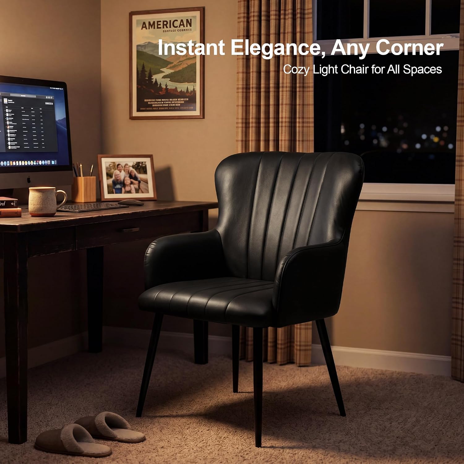 Office Accent Chair of 2 for Guests，Small Chairs for Small Spaces Occasional Podcast Comfortable Study Reading Armchair Armchair with Wide Seat Living Room Bed Room Faux Leather (2, Black)