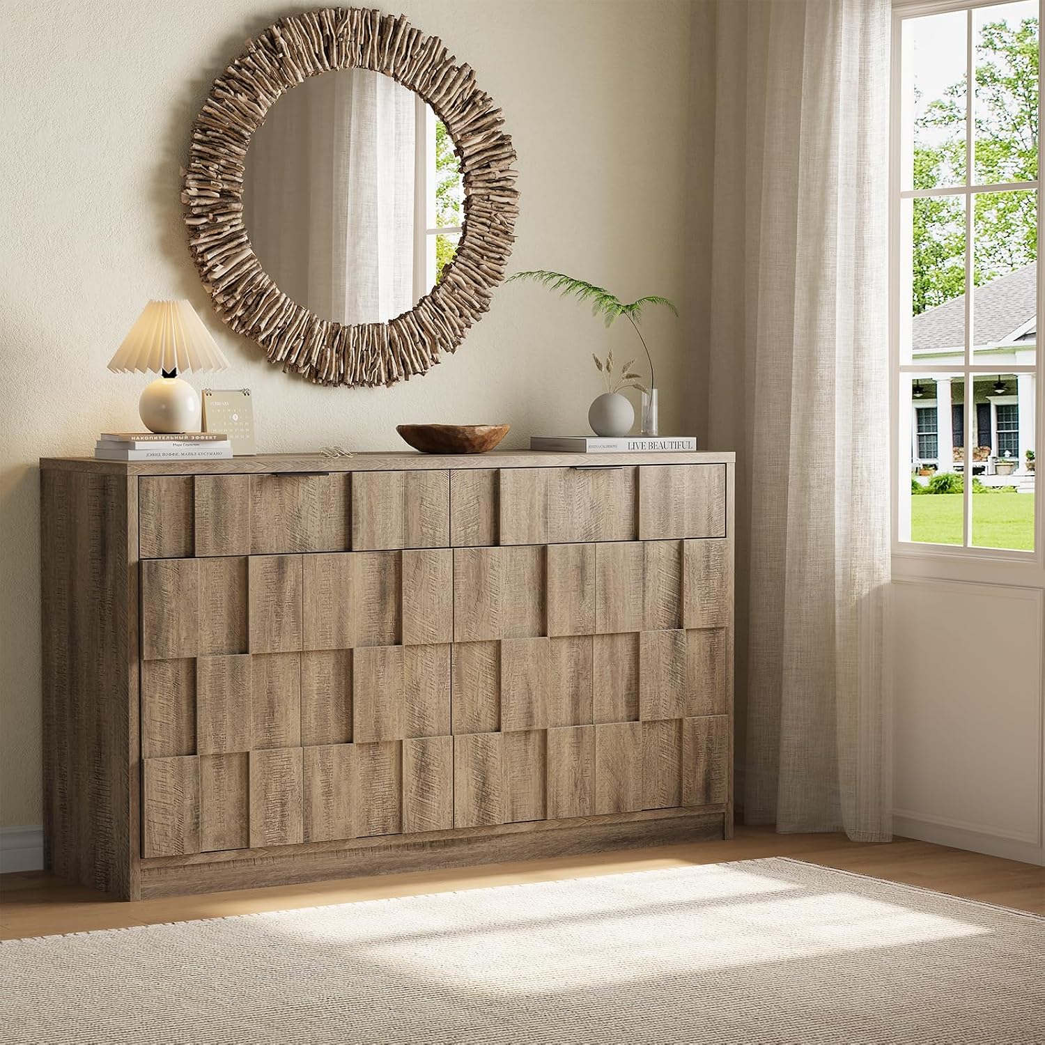 ONBRILL 61" Sideboard Buffet Cabinet with Storage, Large Coffee Bar Cainet with Doors and Drawers, Wood Credenza Console Cabinet Buffet Table for Kitchen Living Room Entryway (Washed Grey)