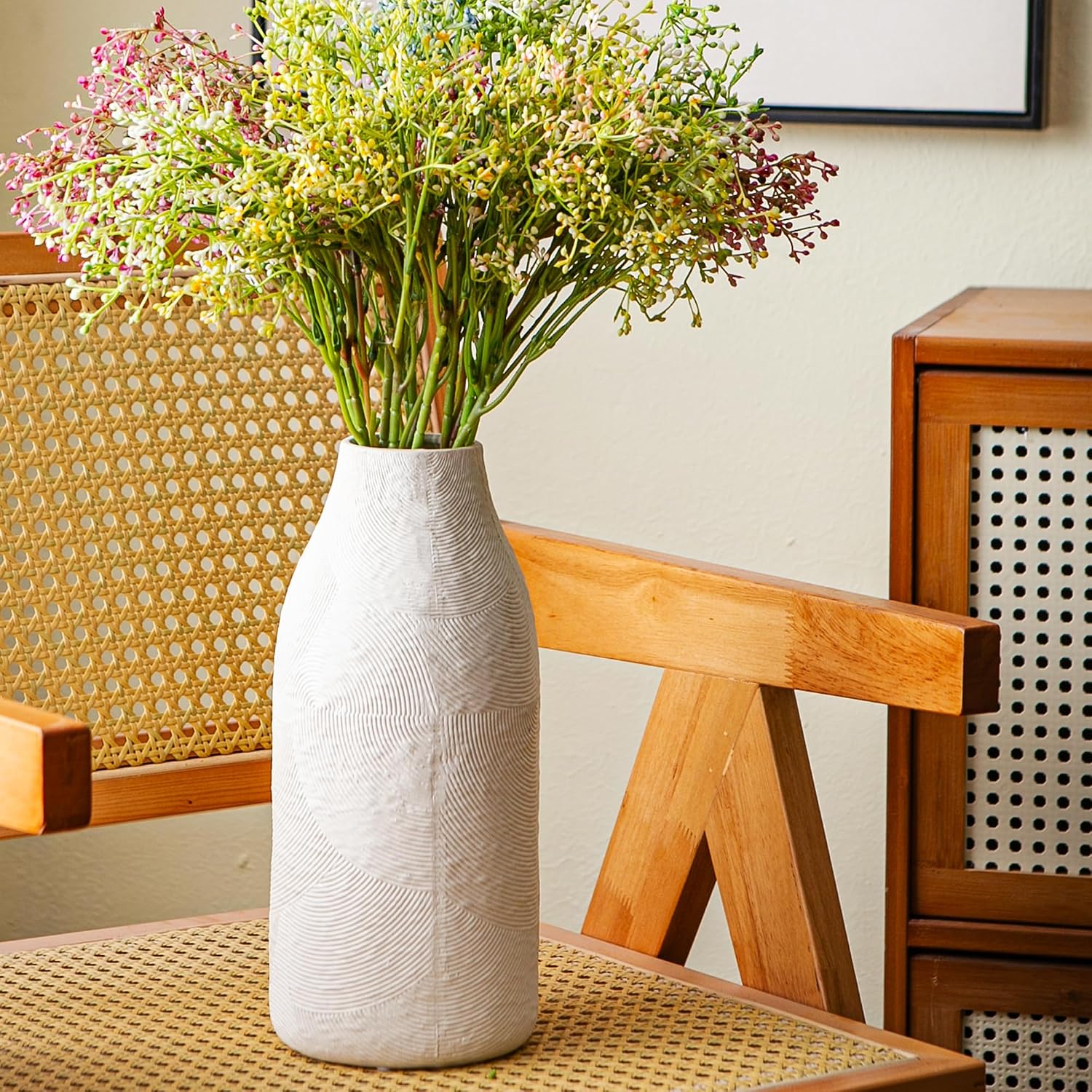 Decorative Ceramic Vase, 11.3 Inch White Modern Farmhouse Vases for Home Decor, Boho Textured Vases for Living Room, Table, Mantel, Shelf and Centerpieces Decor
