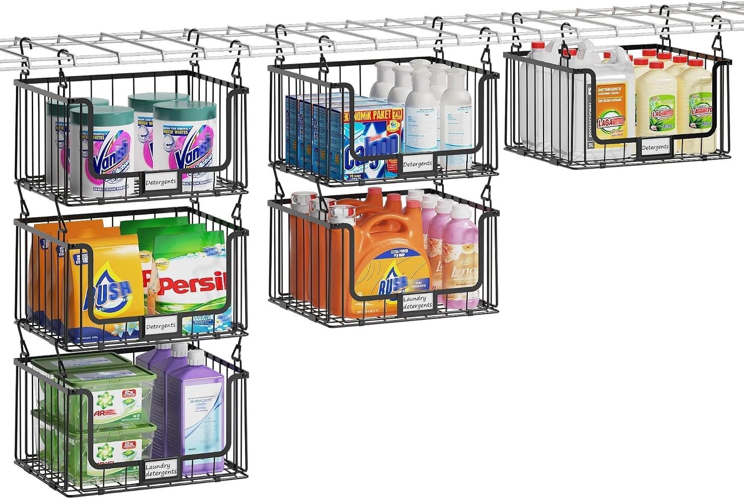 3-Pack Hanging Laundry Organizer, Stackable Wire Shelf Storage with Label Cards, Foldable Metal Baskets with 360 Rotating Hooks, Space-Saving for Laundry Room, Closet & Pantry, 11"15" Large, Black