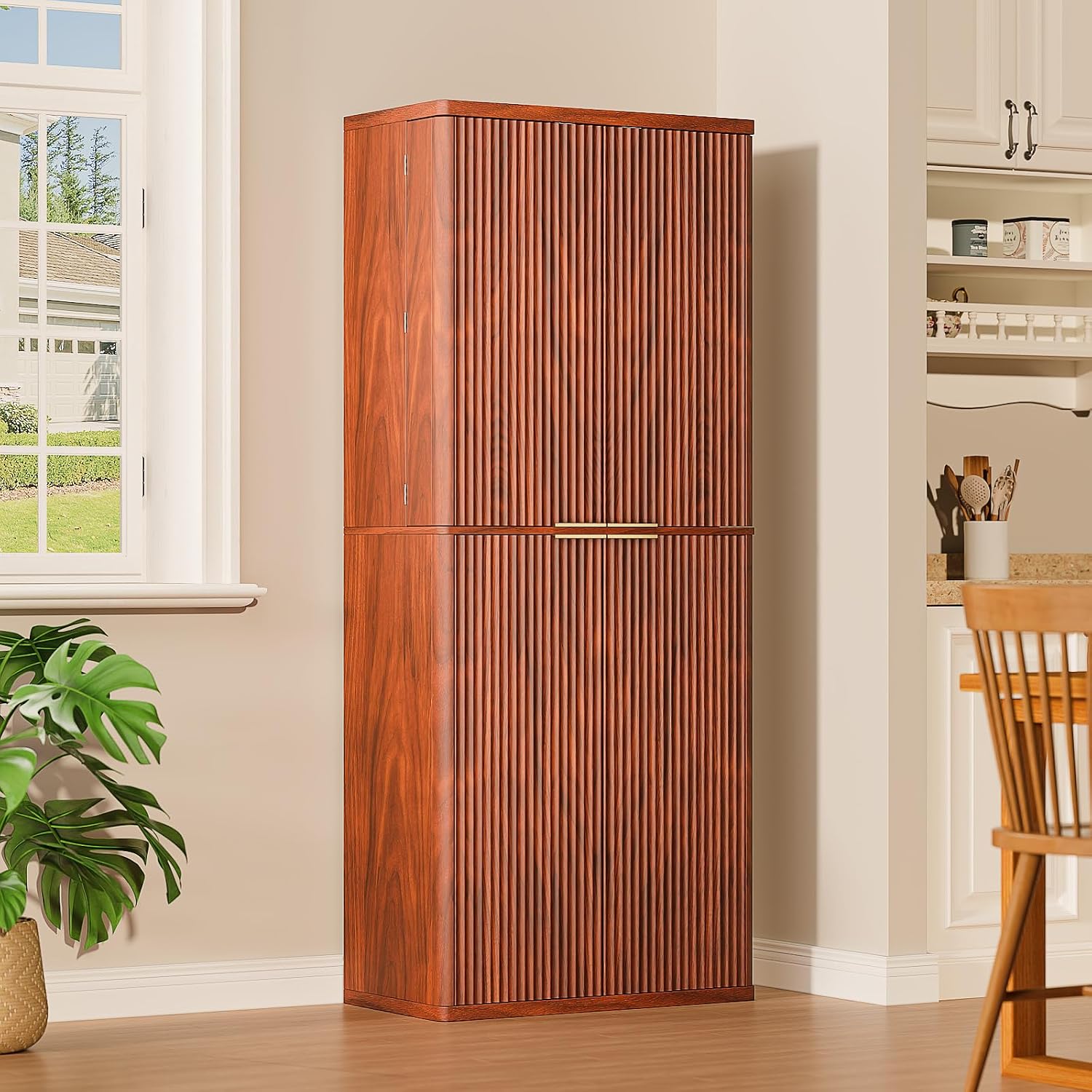 72" Tall Kitchen Pantry Cabinet, Modern Fluted Wood Storage Cabinet with Doors and 6 Shelves, 8 Door Shelves, Cupboard for Kitchen, Dining Room, Living Room and Bathroom, Walnut