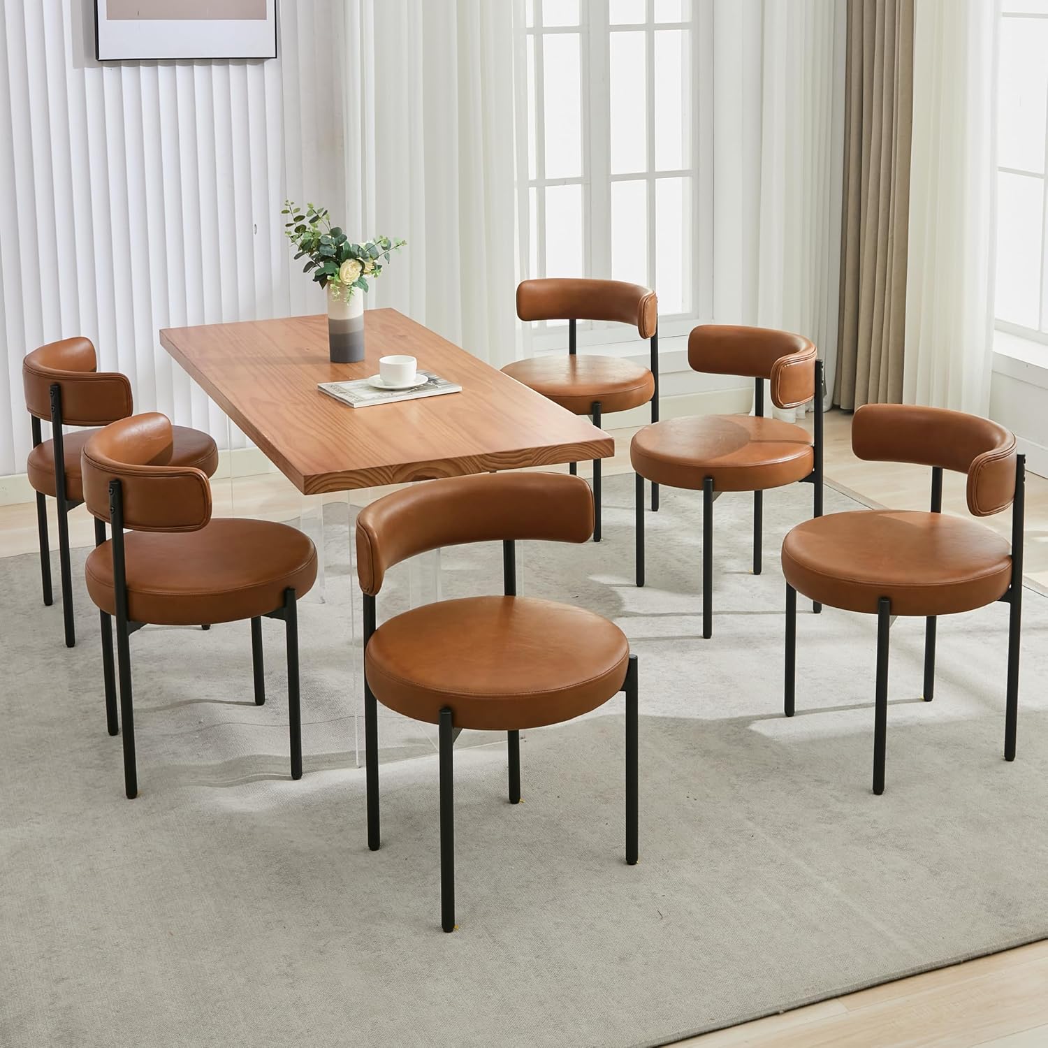 Faux Leather Dining Chairs Set of 6, Mid Century Modern Dining Room Chairs with Barrel Backrest, Upholstered Brown Kitchen Chairs for Dining Room, Restaurant