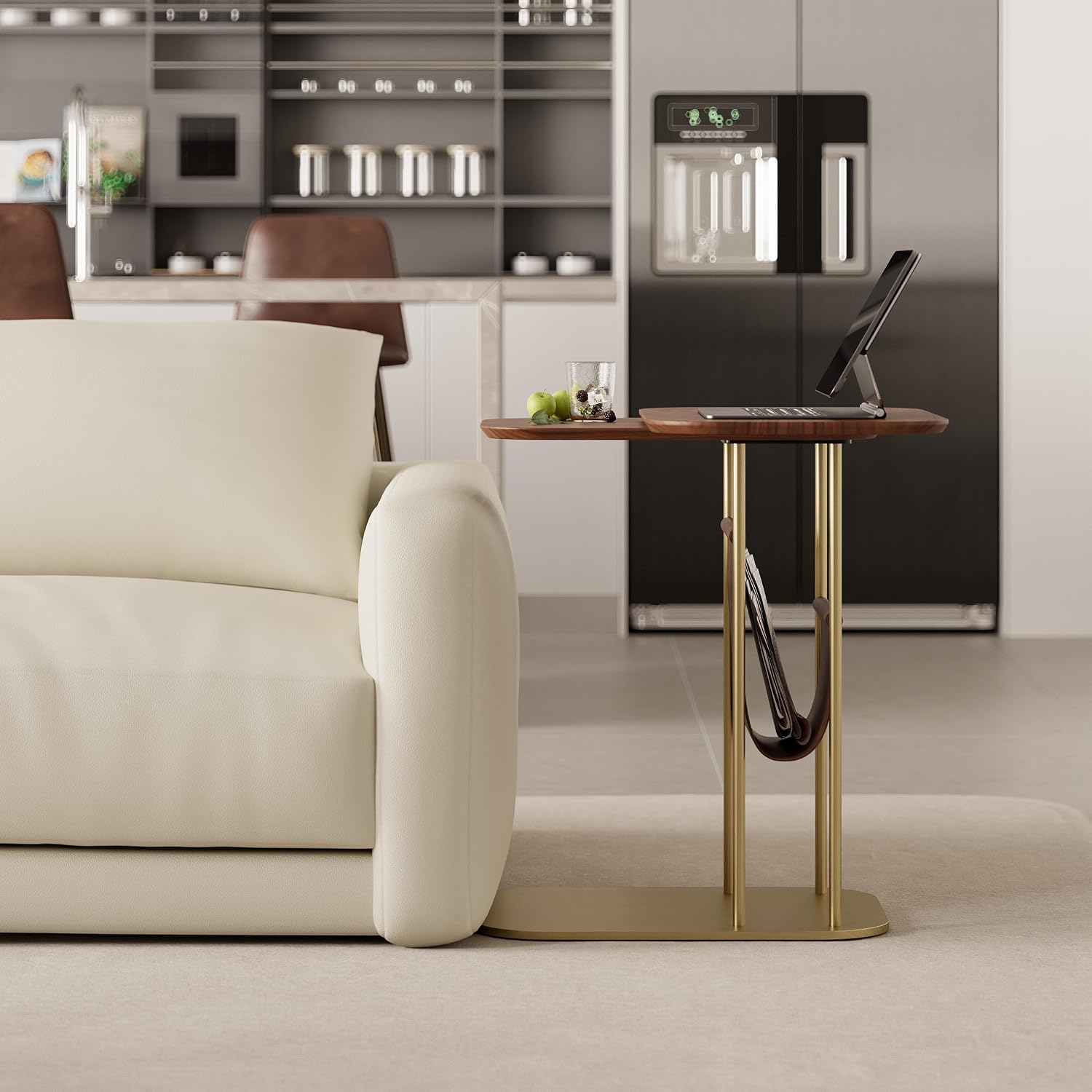 homary C-Shaped Side Table, 360° Rotating End Table with Storage, Walnut & Gold Sofa Table with Magazine Rack, Space-Saving Table for Living Room & Bedroom (Walnut)