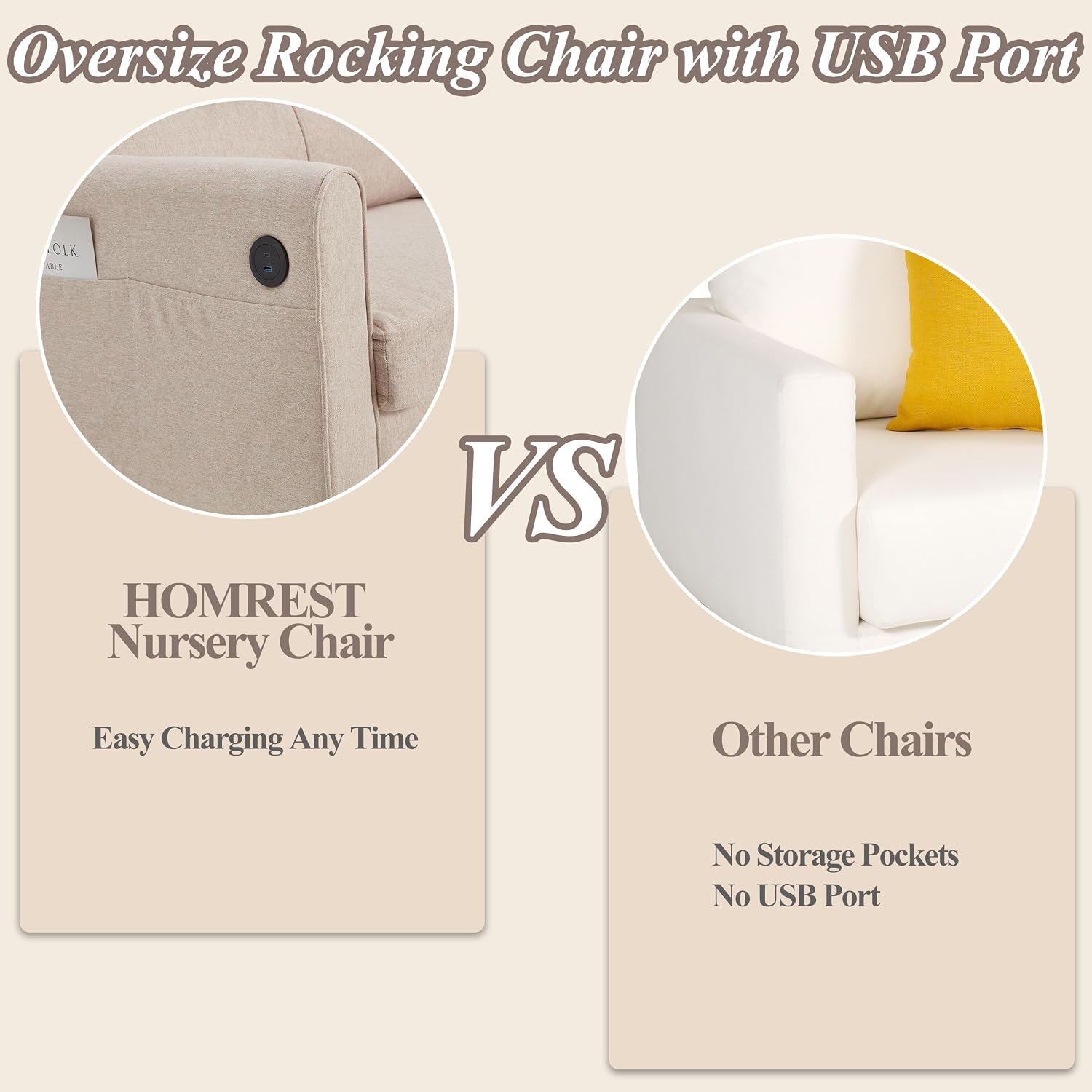 HOMREST Oversized Nursery Rocking Chair with USB Port, Wide Nursery Rocker with High Back and Side Pocket, Upholstered Double Rocker for Living Room, Bedroom, Nursery, Beige