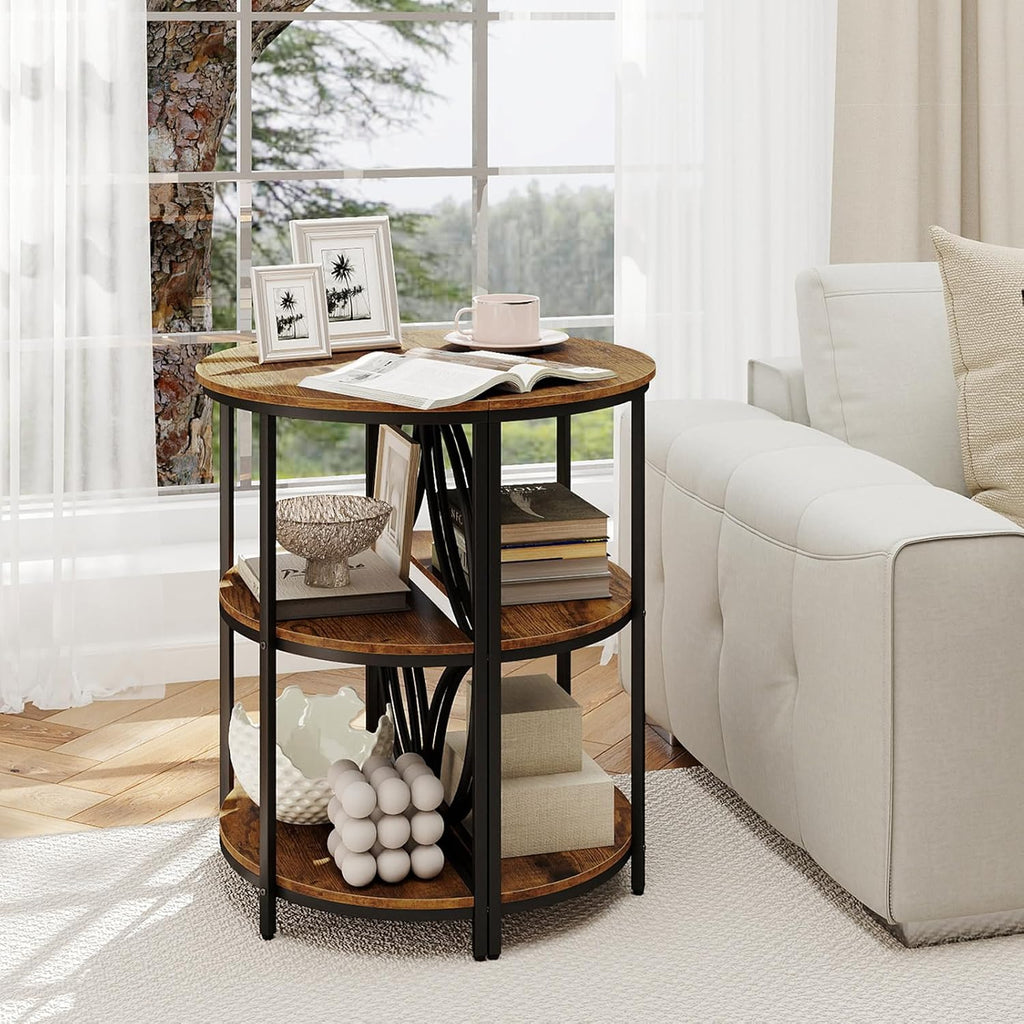 Giantex Half Round End Table - 3-Tier Narrow Sofa Side Table w/Study Metal Frame & Storage Shelves, Half Moon Circle Bedside Night Stand for Living Room Bedroom Small Spaces (Rustic Brown,1)