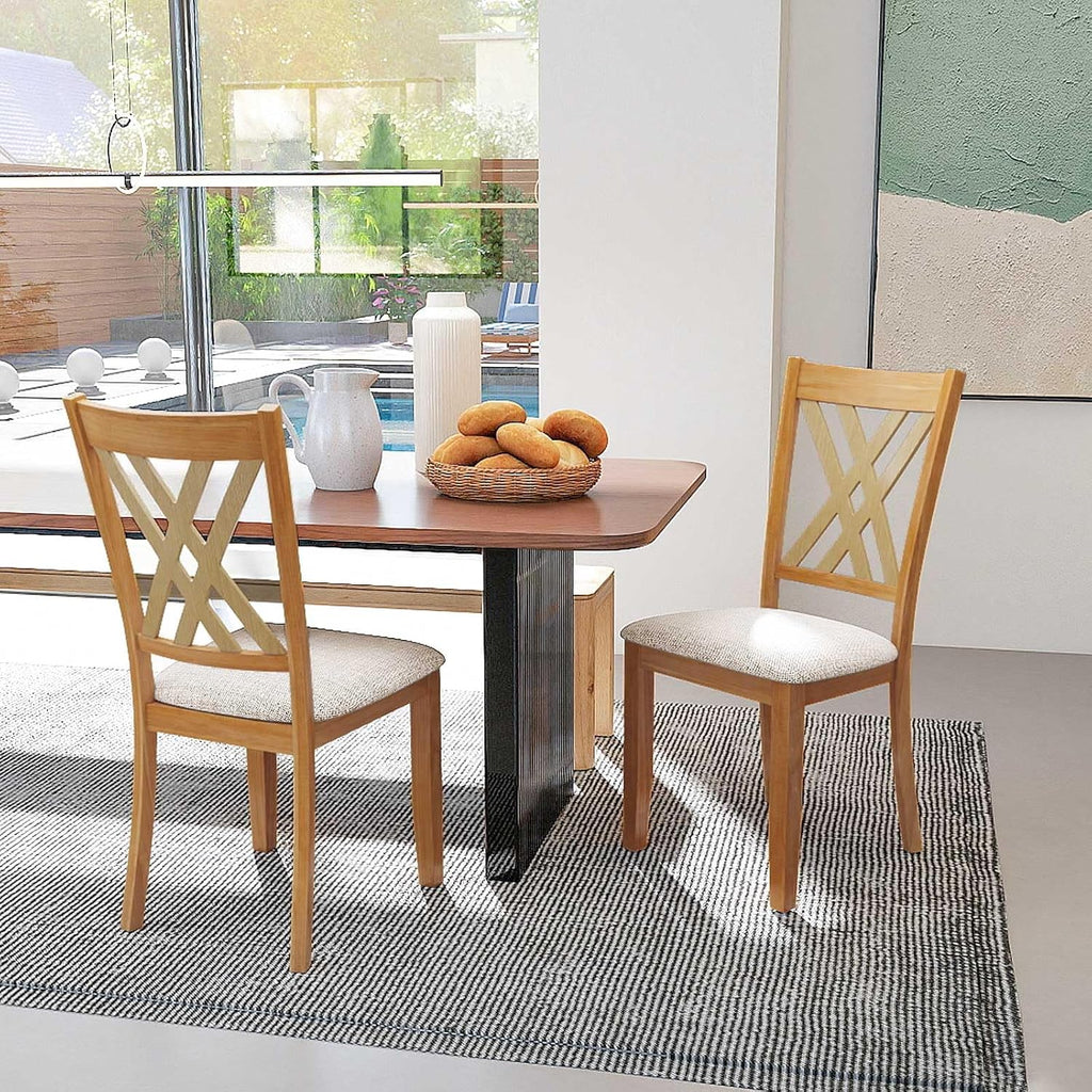 Giantex Wooden Dining Chairs Set of 2, Linen Fabric Upholstered Kitchen Chair w/Rubber Wood Frame, Wide Padded Seat, Curved Cross Back, Farmhouse Side Chairs for Dining Living Room Restaurant
