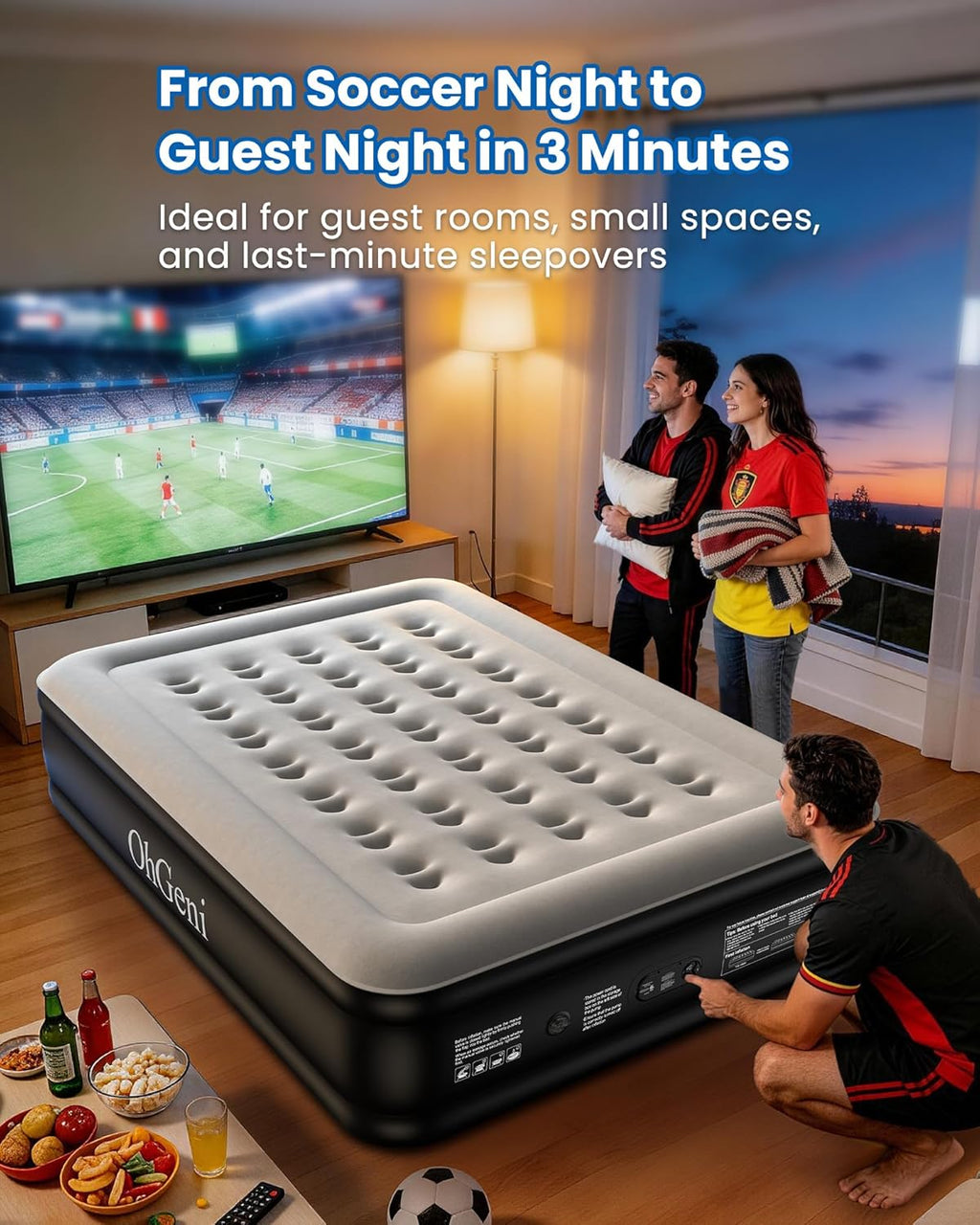 OhGeni Air Mattress Queen with Built in Pump, 18" Raised Inflatable Blow Up Mattress, Upgraded Surface Portable Bed for Home, Camping, Colchone Inflable, Ideal Sleep Solution for Guests