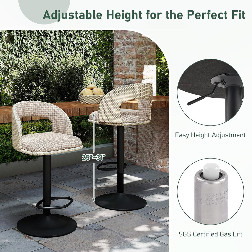 Furnimart Outdoor Bar Stools Set of 2 with Covers Waterproof, Adjustable Patio Stools with Hollow Back, Counter Height Swivel Chairs for Garden, Yard, All-Weather Textilene Fabric, Linen Plaid