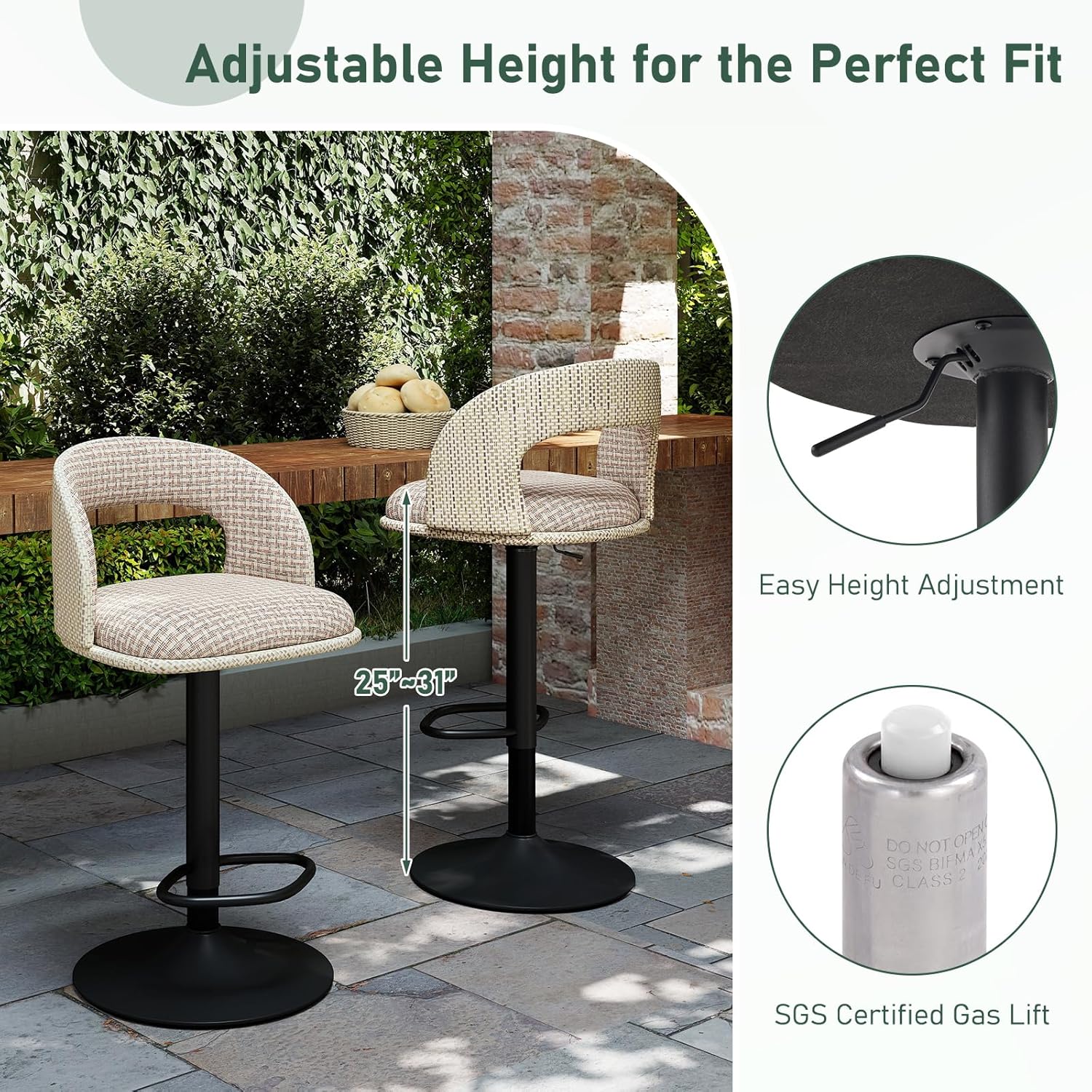 Furnimart Outdoor Bar Stools Set of 2 with Covers Waterproof, Adjustable Patio Stools with Hollow Back, Counter Height Swivel Chairs for Garden, Yard, All-Weather Textilene Fabric, Linen Plaid