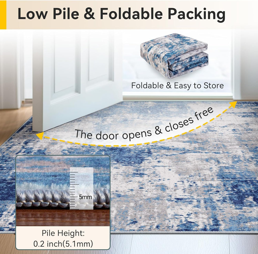 RELEANY Washable Area Rugs 5'x7' Non-Slip Modern Abstract Soft for Living Room Entryway Bedroom Kitchen, Print Pattern, Blue Grey Navy Gray