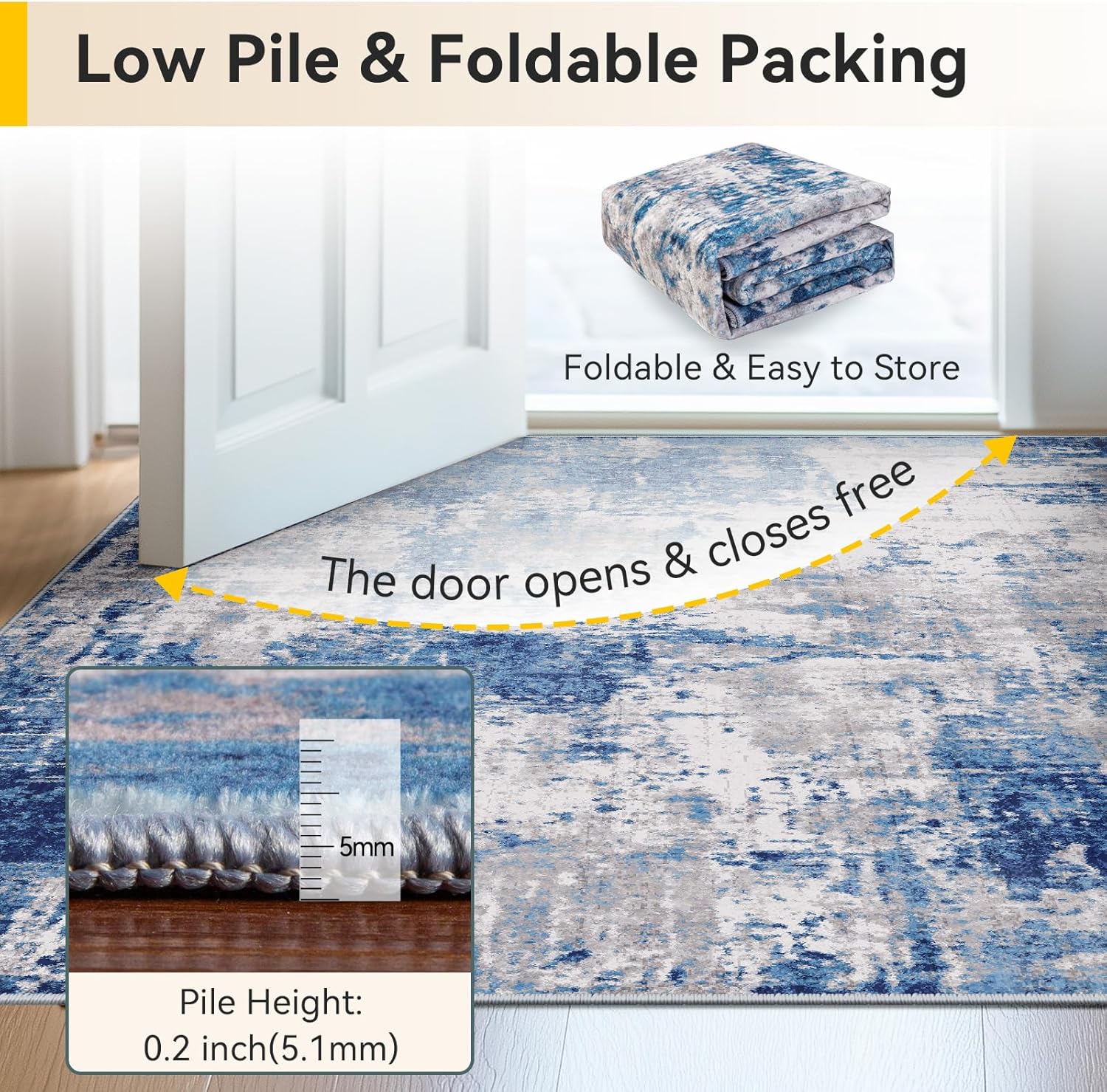 RELEANY Washable Area Rugs 5'x7' Non-Slip Modern Abstract Soft for Living Room Entryway Bedroom Kitchen, Print Pattern, Blue Grey Navy Gray