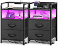 Huuger Nightstands Set of 2, Night Stand with LED Lights, Charging Station and USB-C Ports, 2 Drawers Bed Side Table, Open Shelf, 2-Way Power Panel Install, End Table for Bedroom, Black