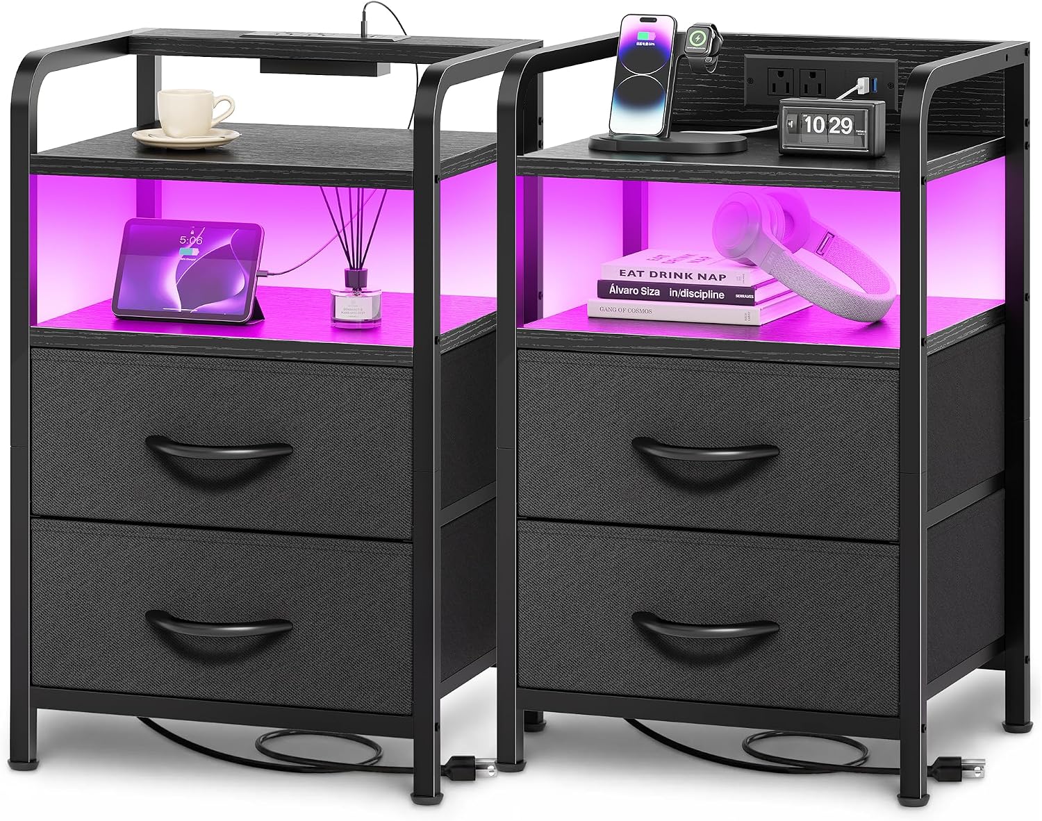 Huuger Nightstands Set of 2, Night Stand with LED Lights, Charging Station and USB-C Ports, 2 Drawers Bed Side Table, Open Shelf, 2-Way Power Panel Install, End Table for Bedroom, Black