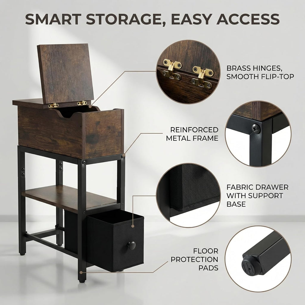 Flip Top Narrow End Table with Hidden Storage, Small Side Table with Fabric Drawer, Bedside Tables with Shelf,Metal Frame Chairside Table for Sofa, Living Room, Small Spaces,Rustic Brown