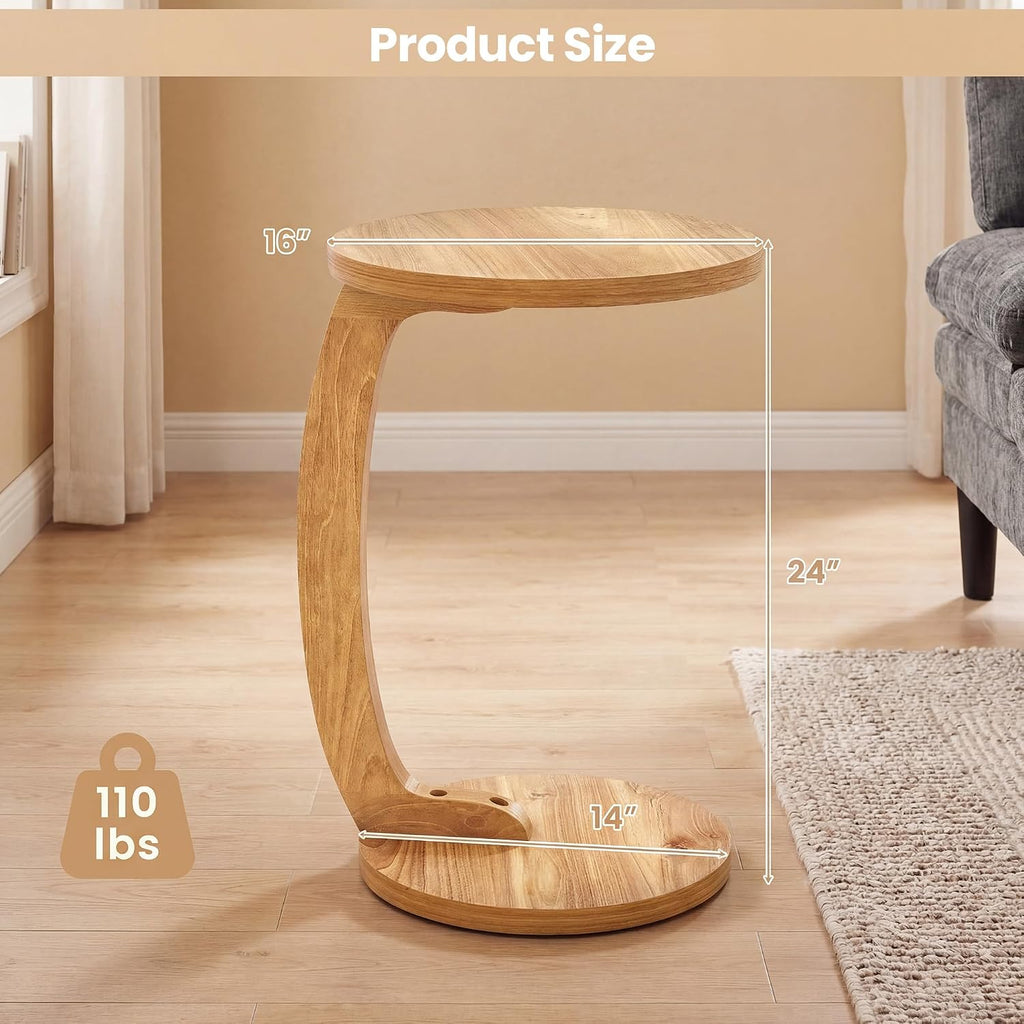 GOFLAME C-Shaped Round End Table, Solid Teak Wood Couch Sofa Side Table with 2 Tier Storage Shelves, Farmhouse TV Tray, Narrow Compact Bedside Nightstand for Living Room, Bedroom, Natural (1)