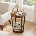KROFEM Round 2-Tier Accent Side Table, Industrial Metal Frame End Table with Storage Shelf, Multifunctional Nightstand for Living Room, Bedroom and Small Spaces, Walnut