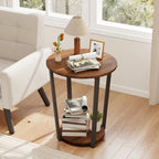 KROFEM Round 2-Tier Accent Side Table, Industrial Metal Frame End Table with Storage Shelf, Multifunctional Nightstand for Living Room, Bedroom and Small Spaces, Walnut
