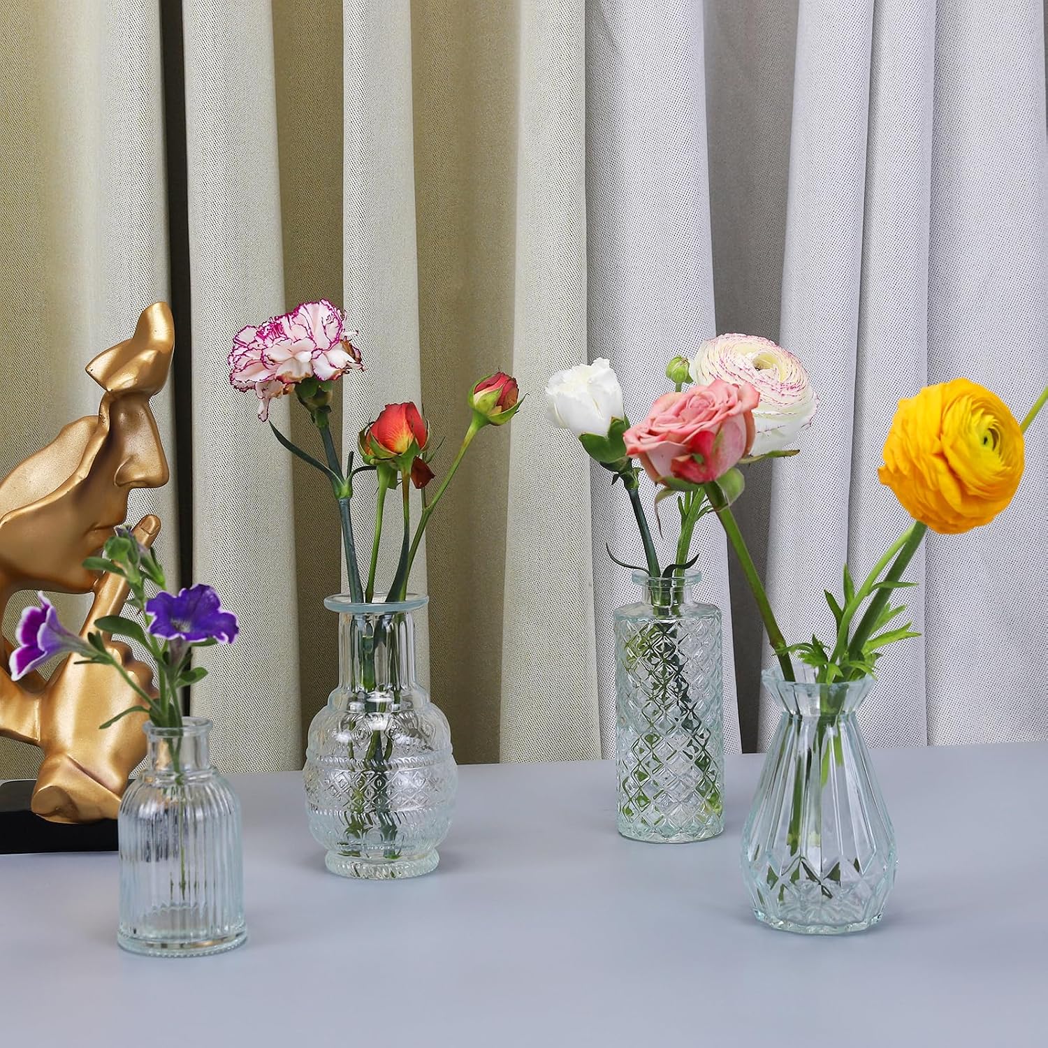 Glass Bud Vases Set of 12, Clear | Vintage Textured, Assorted Shapes, Small Flower Vases, Wedding & Home Decor