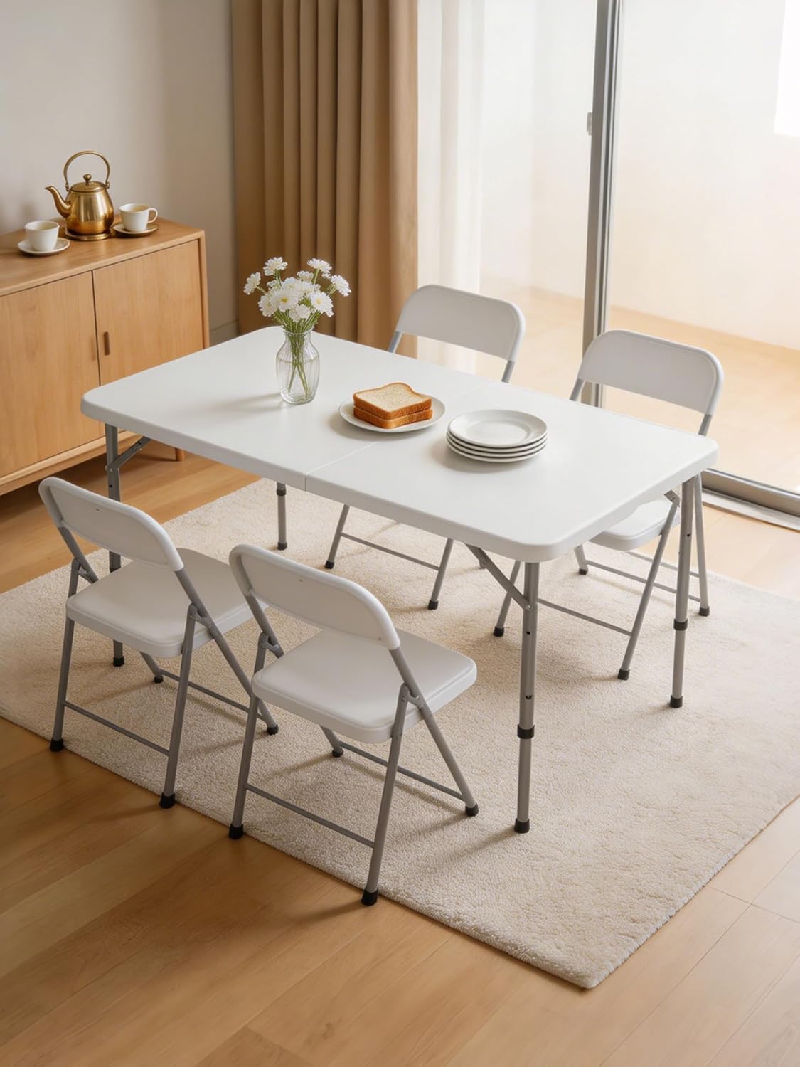 Folding Camping Table 4 Foot Adjustable Height 350lbs, 4FT Folding Picnic Card Table for Outdoor, Plastic Rectangular Dining Work Tables for Indoor, Heavy Duty Fold-in-Half Tray Tables