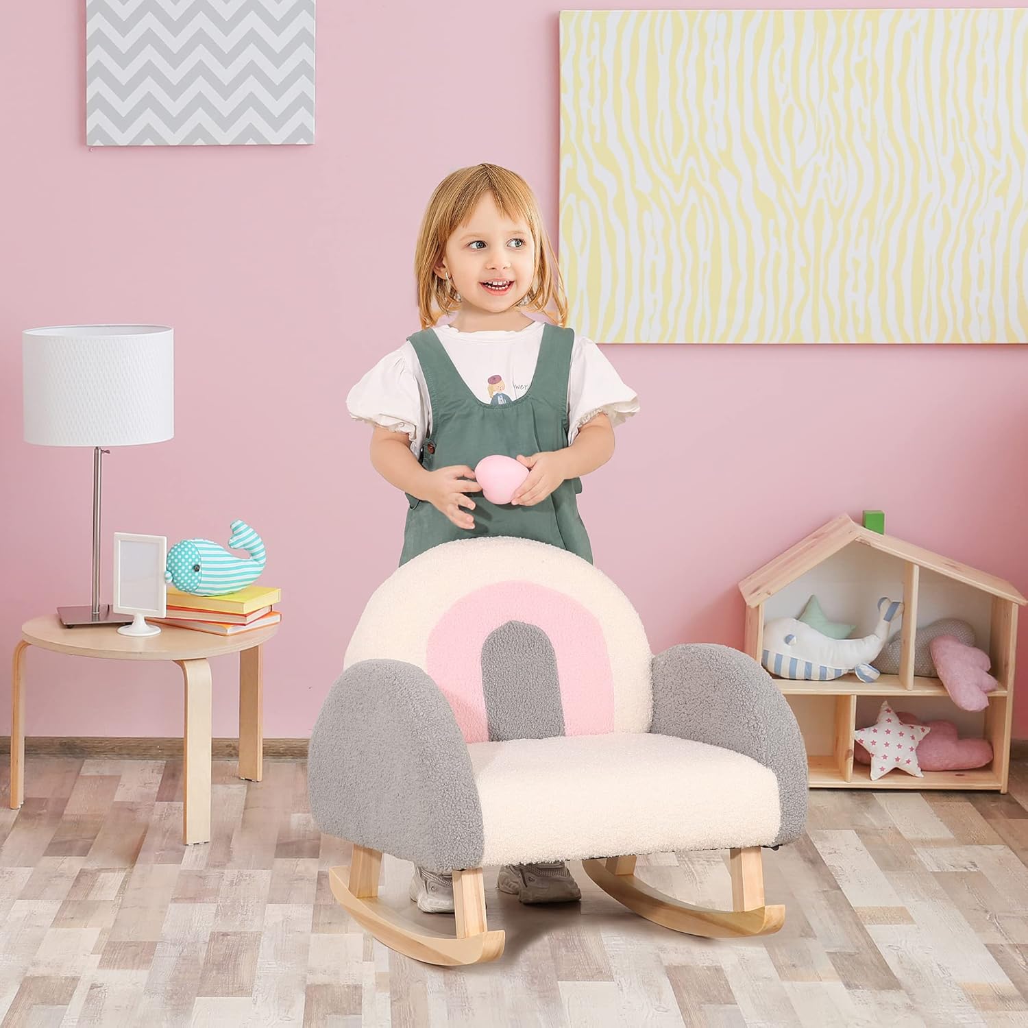 Qaba Kids Sofa, Toddler Rocking Chair with Solid Wooden Frame, Faux Lamb Fleece Fabric, Kids Arm Chair for Nursery or Playroom, Ages 18-36 Months, Gray