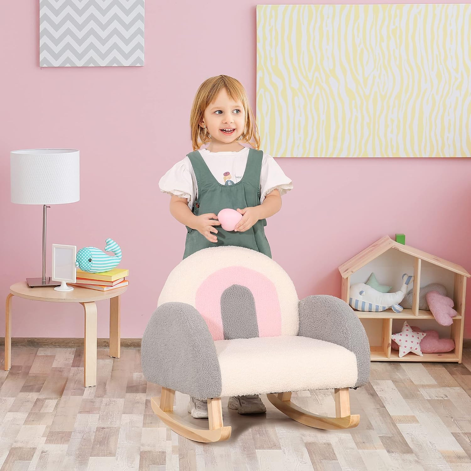 Qaba Kids Sofa, Toddler Rocking Chair with Solid Wooden Frame, Faux Lamb Fleece Fabric, Kids Arm Chair for Nursery or Playroom, Ages 18-36 Months, Gray