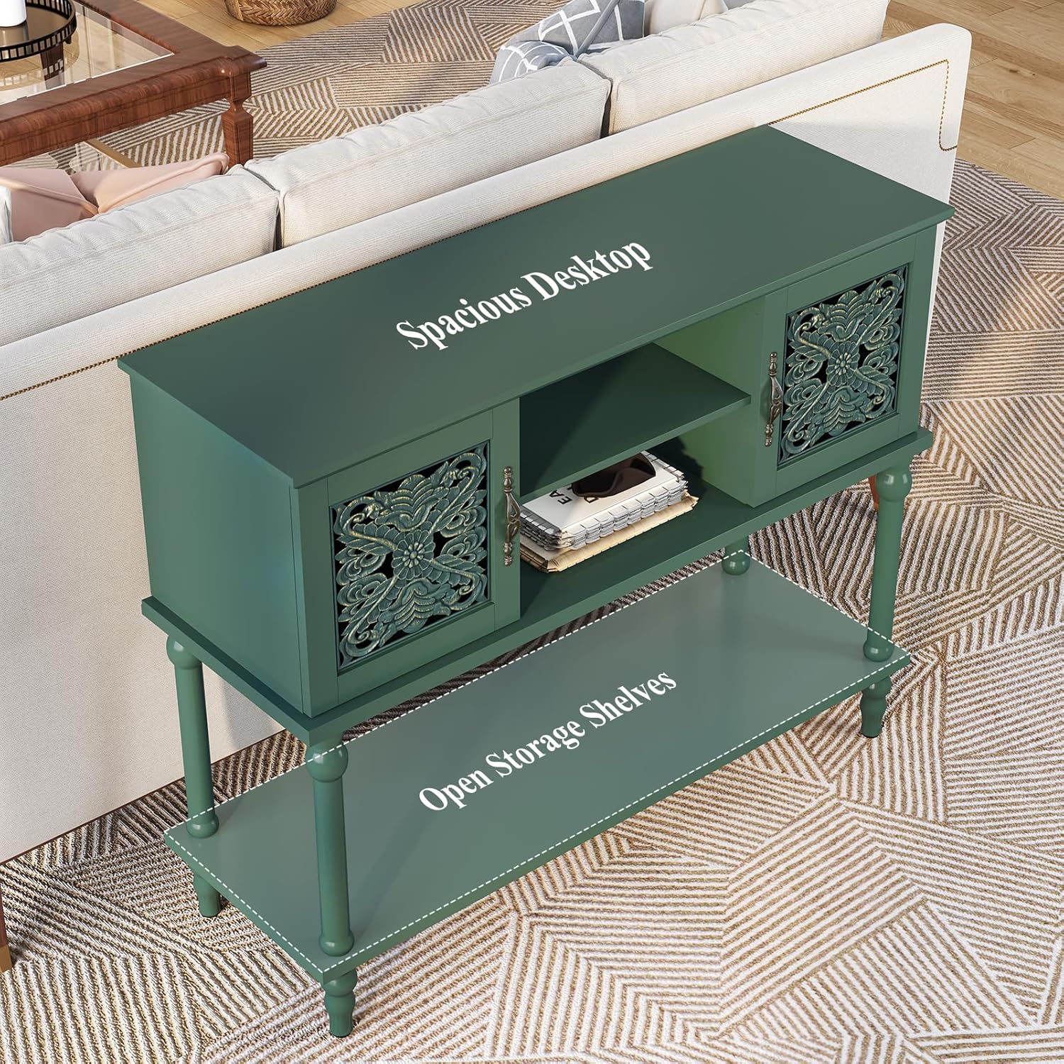 ARTPOWER Vintage Console Table with Hand-Carved Doors, 42" Narrow Entryway Table with Storage, Retro Sofa Table with Open Storage Shelf, Console Tables for Entryway, Hallway, Foyer, Living Room, Green