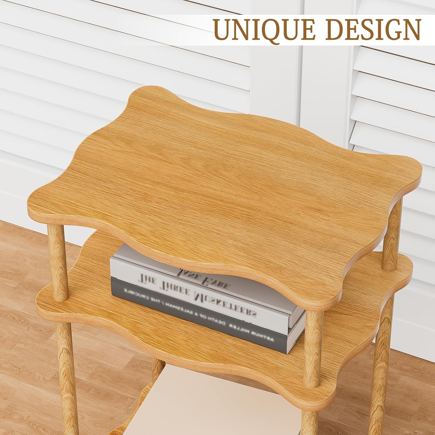 THUMEYE 3-Tier Side Table, 15.7”x11.8”x23” Space-Saving End Table with Solid Wood Legs, Tool-Free Assembly Nightstand for Bedroom Living Room, Burlywood
