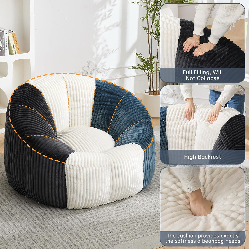 Swivel Giant Bean Bag Chair for Adults, Oversized Corduroy Boneless Chair Plush Round Soft Floor Chair Beanbag Sofa Lounge for Living Room, Bedroom, Game Room, Blue and Grey