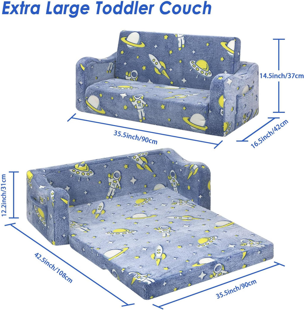 Kids Couch Extra Large, Glow in the Dark Folding Kids Sofa for Boys, 2 Seats Comfy Couch for Children Bedroom Playroom Nursery, Astronaut