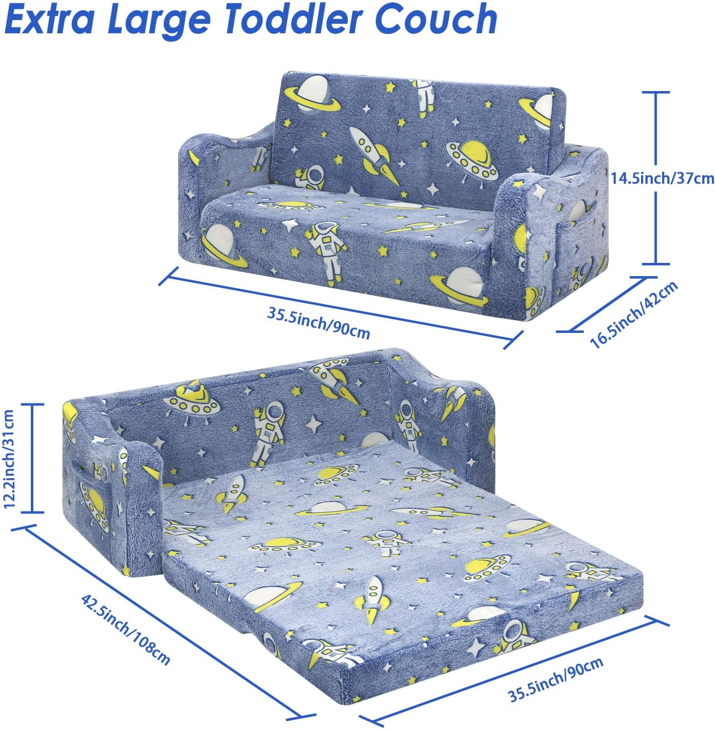 Kids Couch Extra Large, Glow in the Dark Folding Kids Sofa for Boys, 2 Seats Comfy Couch for Children Bedroom Playroom Nursery, Astronaut