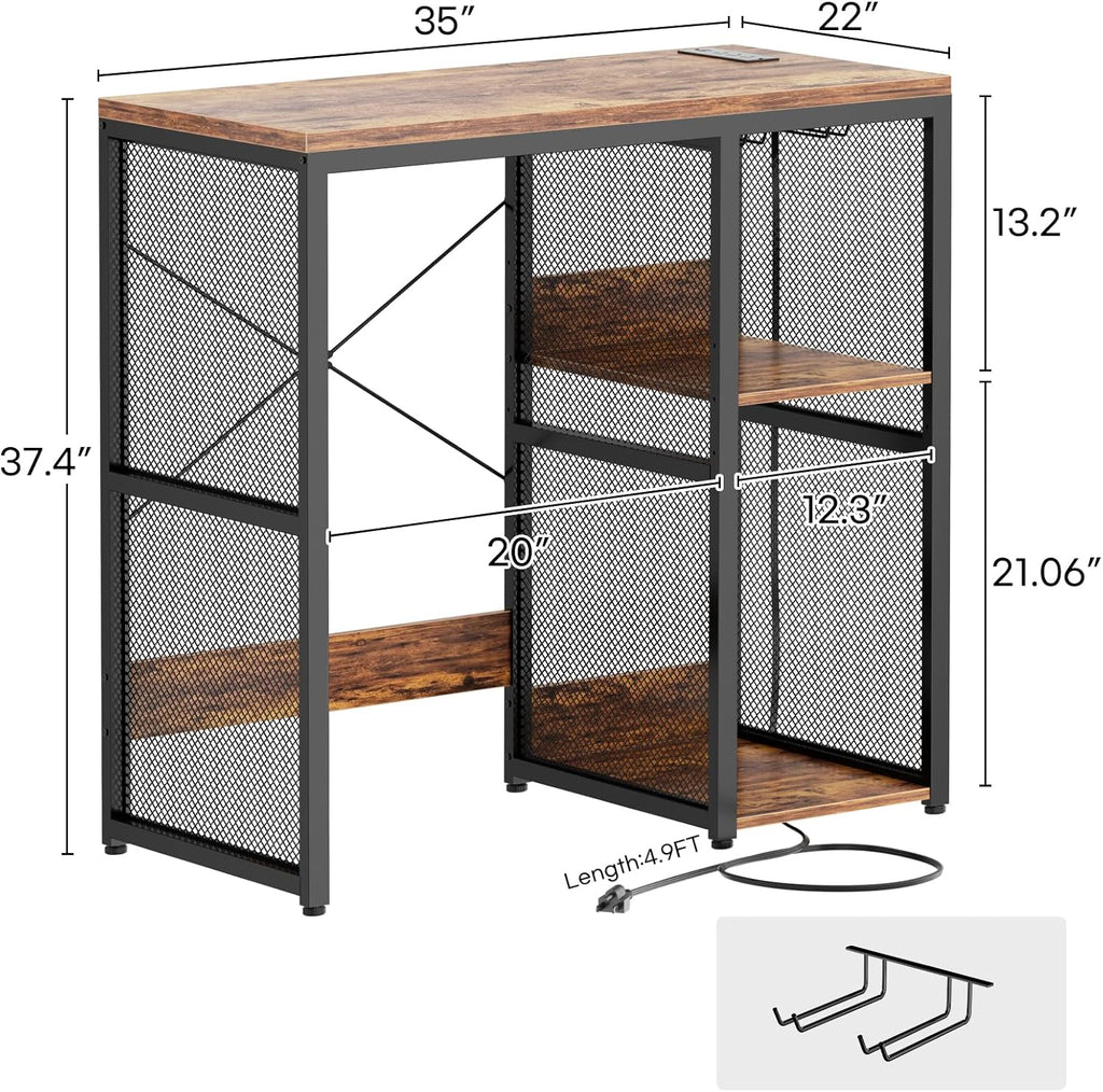 Homieasy Mini Fridge Cabinet with Power Outlet, Coffee Bar Cabinet with Mini Fridge Space, Industrial Liquor Cabinet with Wine Storage & Glass Holder for Dorm, Living Room, Home Kitchen, Rustic Brown