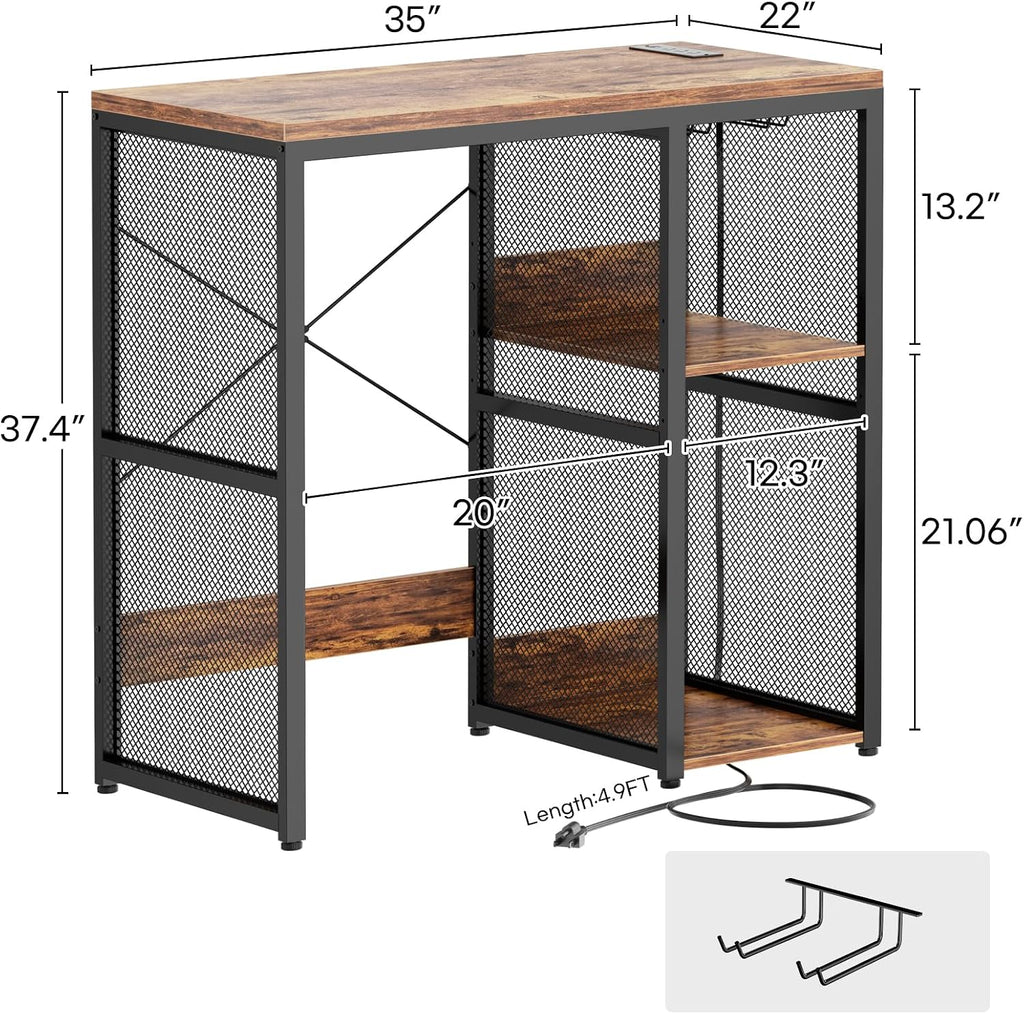 Homieasy Mini Fridge Cabinet with Power Outlet, Coffee Bar Cabinet with Mini Fridge Space, Industrial Liquor Cabinet with Wine Storage & Glass Holder for Dorm, Living Room, Home Kitchen, Rustic Brown