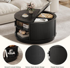 LIKIMIO Round Coffee Table with Storage, 360° Rotating Fluted Rattan Coffee Table for Living Room, 31.5" Modern Center Table with Sliding Cabinet Doors for Small Space, Office, Black