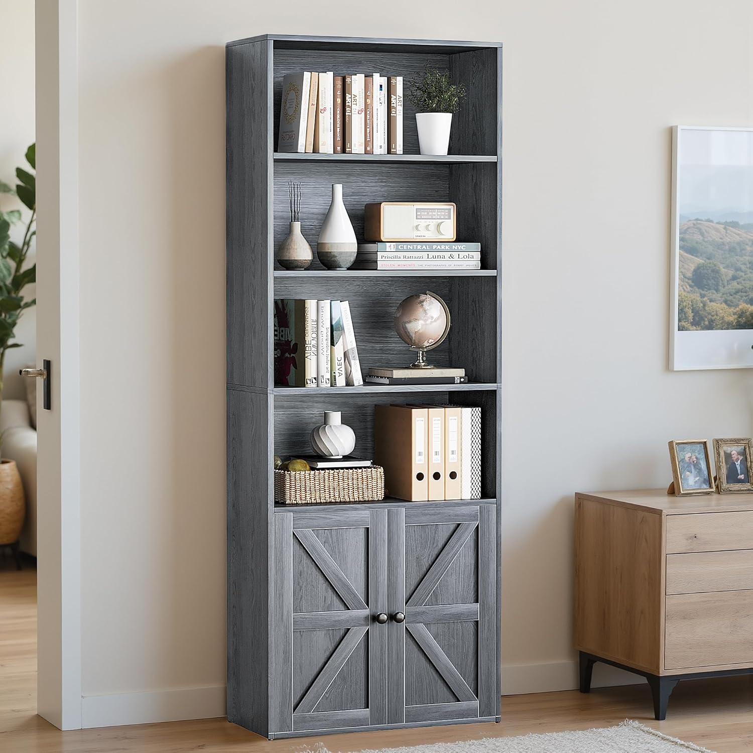 YESHOMY Farmhouse Bookshelf and Bookcase with Storage, 71.5" Tall Industrial Bookshelves and Bookcases with Doors, 4-Tier Floor Standing Tall Display Cabinet for Home Office, Living Room, Gray, 1 PCS