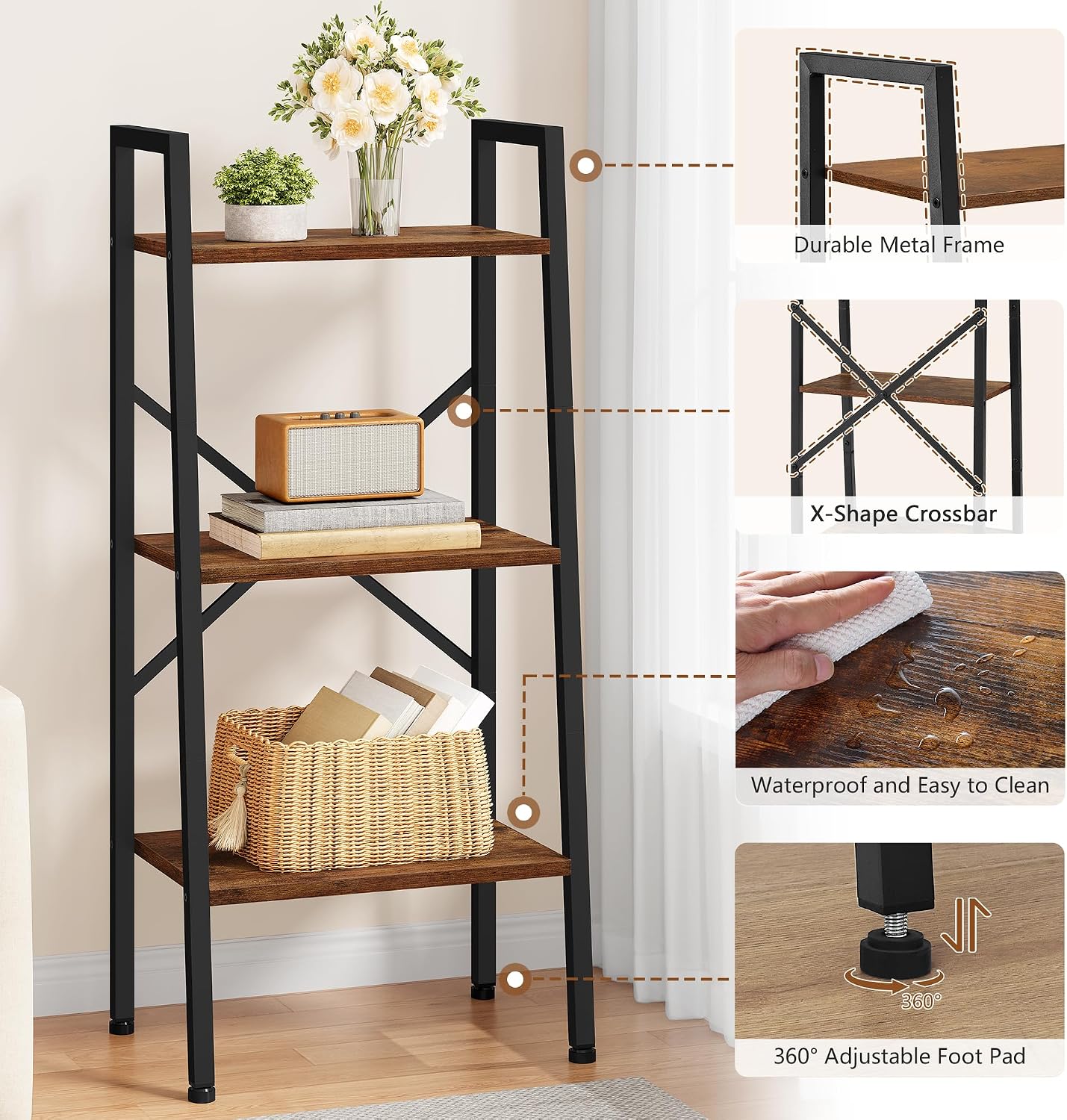 Hoctieon 3-Tier Industrial Ladder Bookshelf, Narrow Ladder Shelf, Tall Standing Bookshelf, Skinny Open Ladder Shelf, for Living Room, Home Office, Kitchen, Bedroom, Metal Frame, Rustic Brown