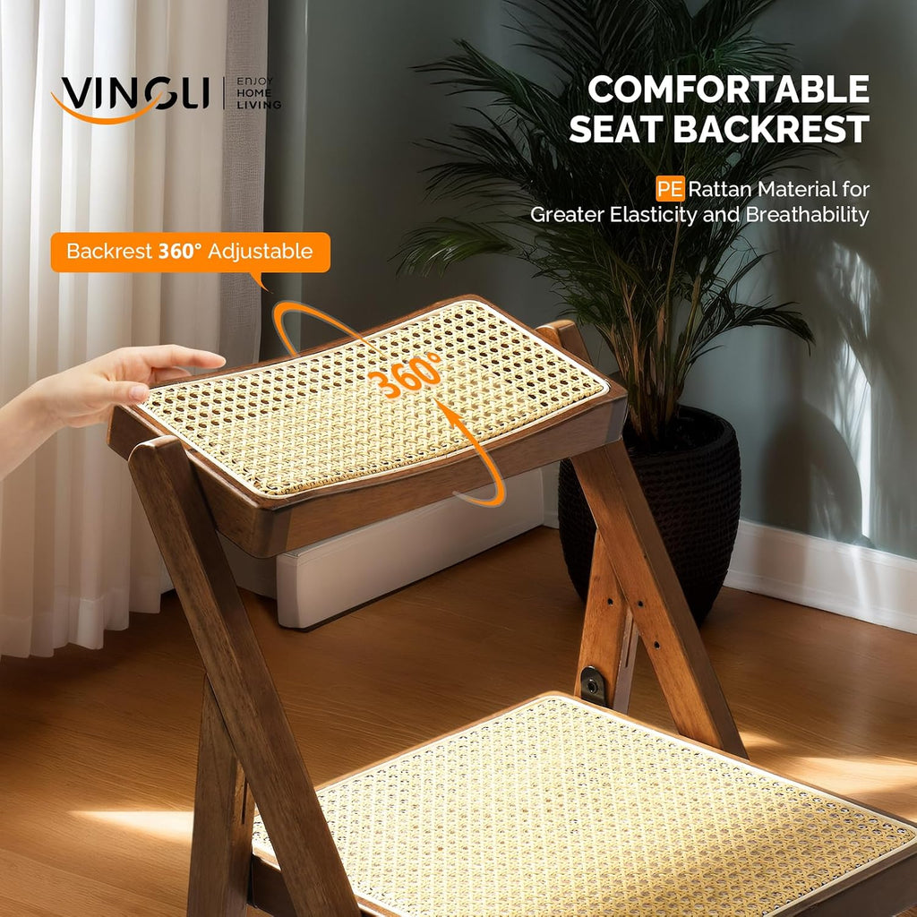 VINGLI 4 Pack Rattan Dining Chair, Wood Folding Chair with 360° Swivel Backrest, Rubberwood Frame and Rattan Woven Seat and Back, Walnut, Set of 4